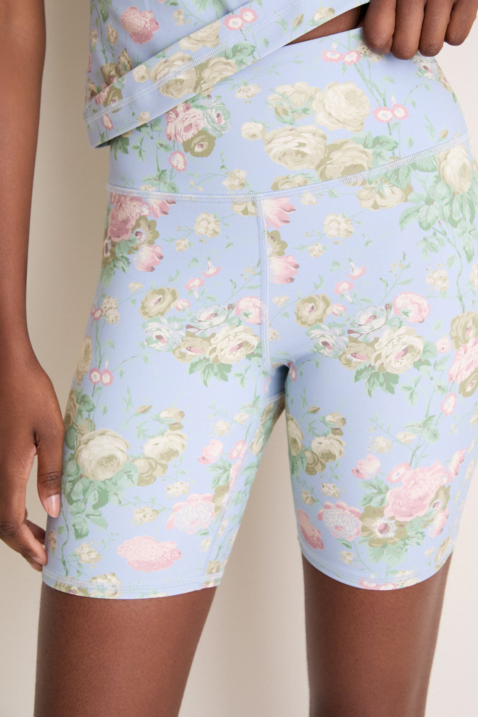 Clubhouse Chintz Compression Spandex Mac Bike Short, a classic high-rise, effortless fit with a fun floral design, ideal for chic, high-end athleisure looks.