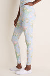 Clubhouse Chintz High Rise Compression Spandex MacKenzie Legging in sky-blue with floral print, paired with white Keds sneakers, embodies classic, effortless style and fun.