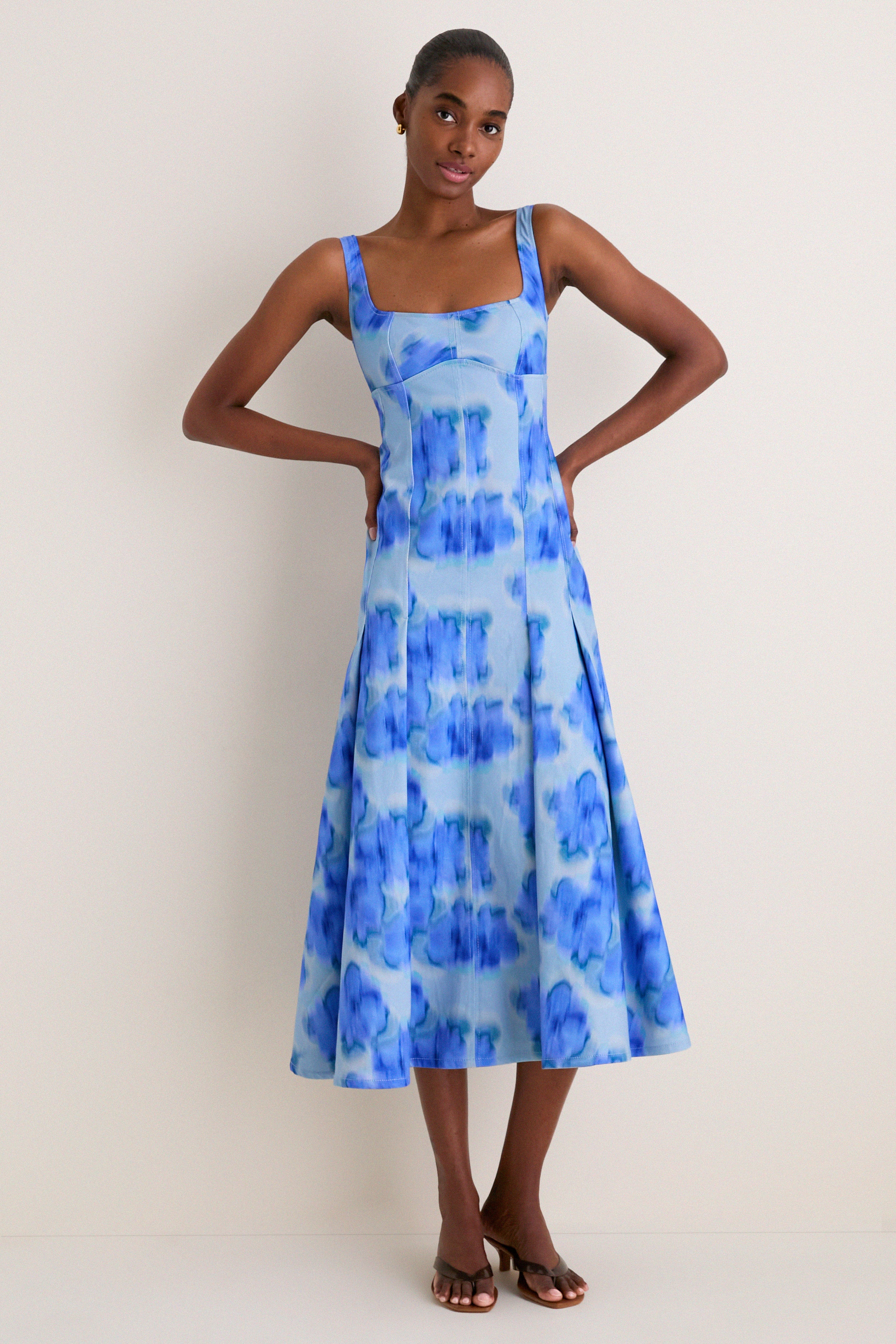 Floralis Blue Charlie Pleat Midi Dress | CLEA