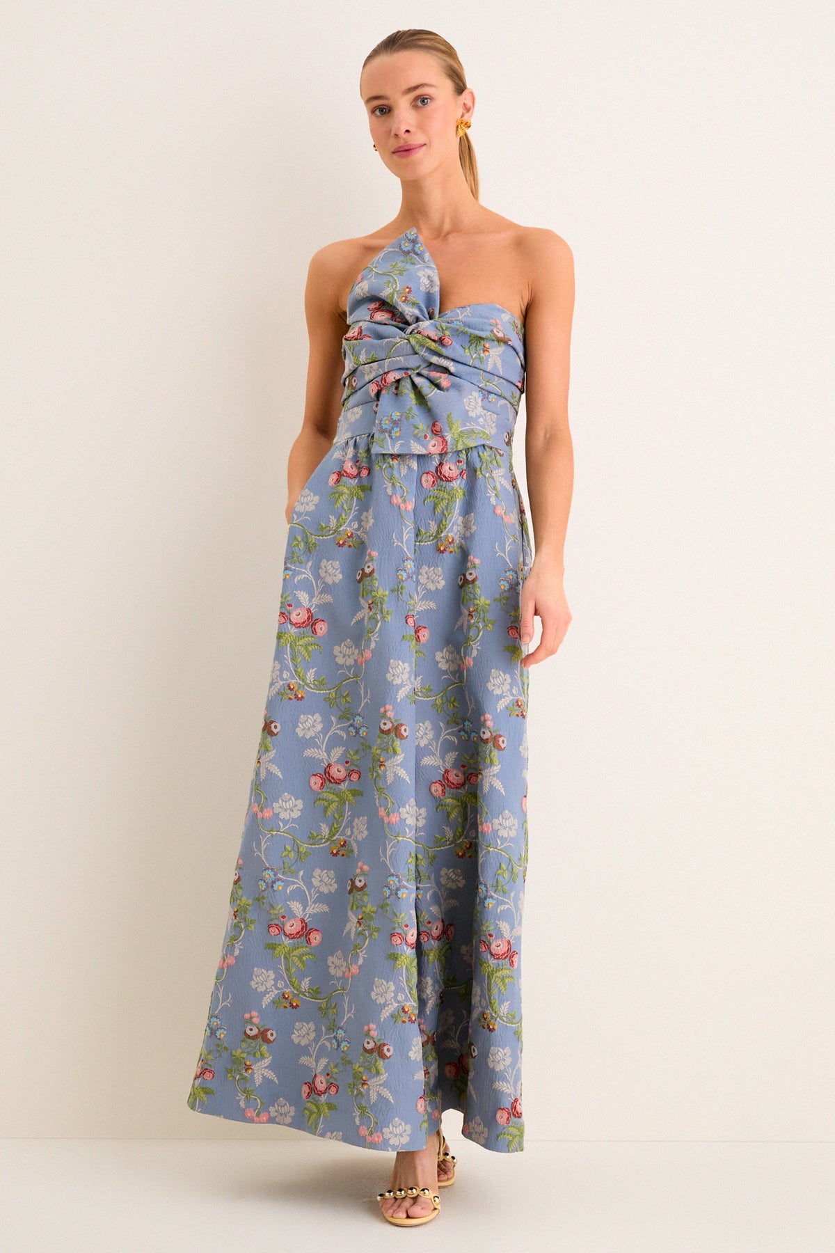 super eight floral ruffle cotton & silk maxi dress Halter Floral Ruffle Maxi Dress Pink