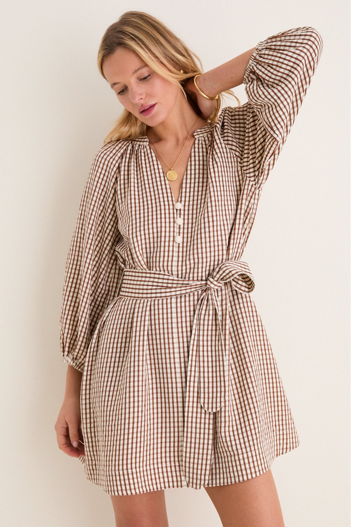 short brown gingham dress Rhythm Birdie Gingham Mini Dress