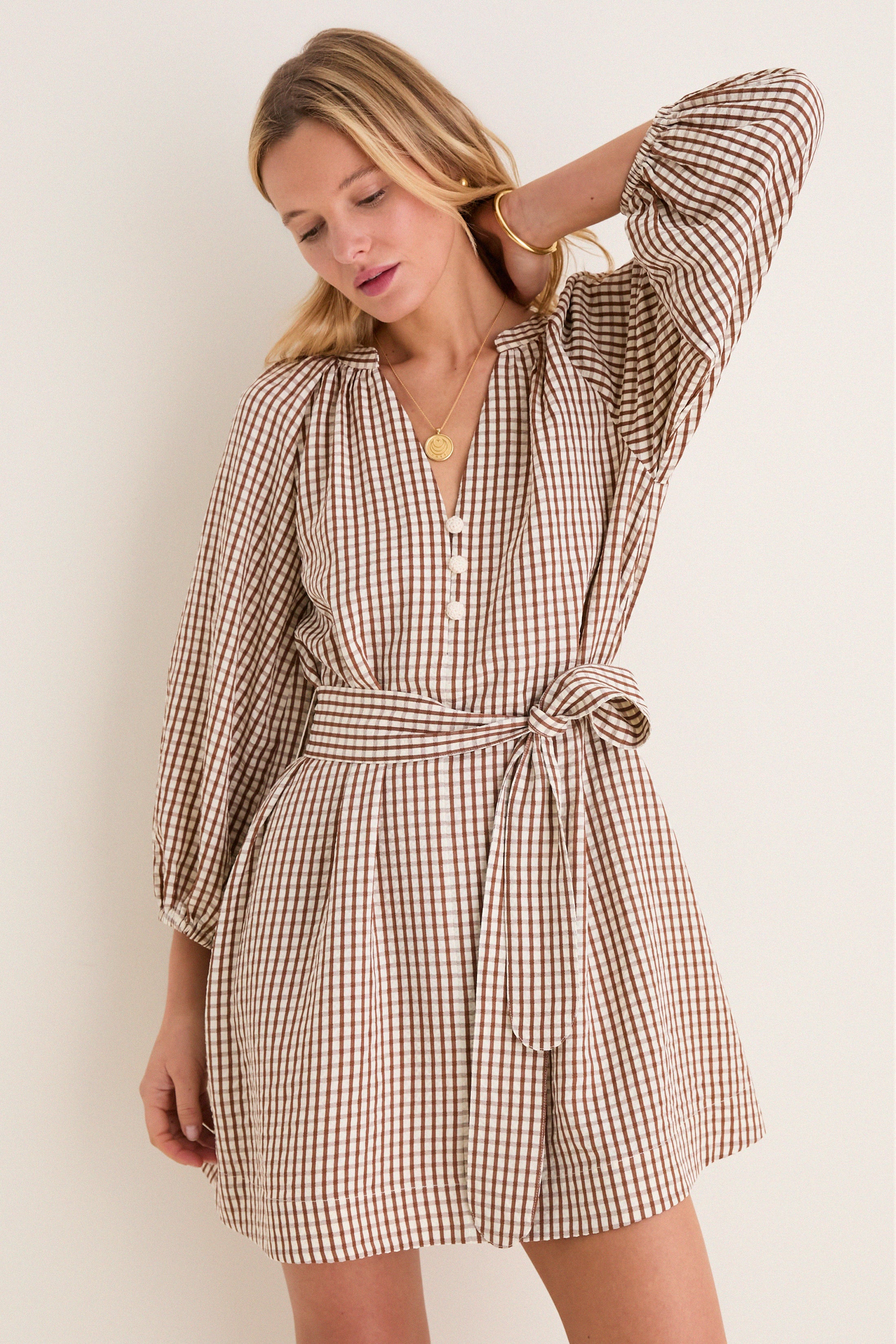 Brown Gingham Harlow Mini Dress