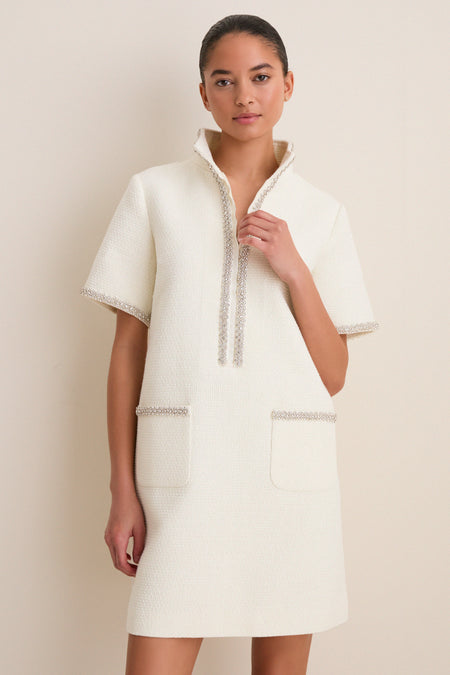 Pearl White Tweed Embellished Ophelia Dress