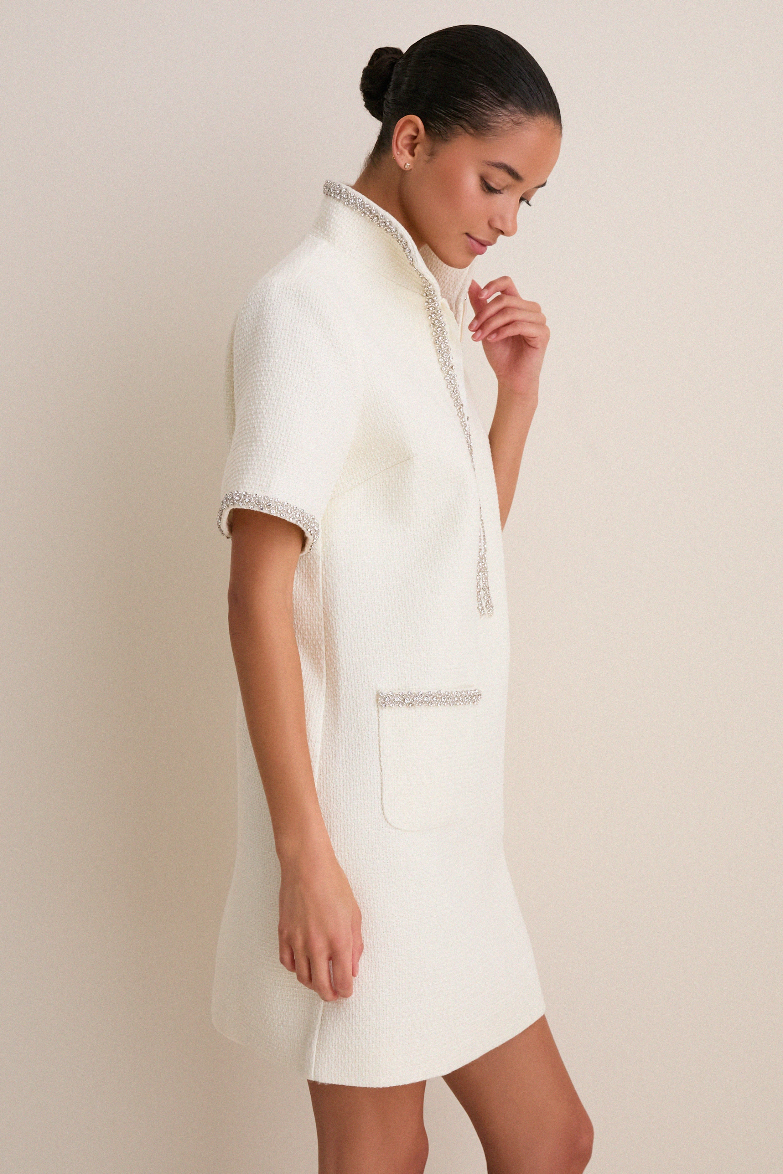 Pearl White Tweed Embellished Ophelia Dress | Pomander Place