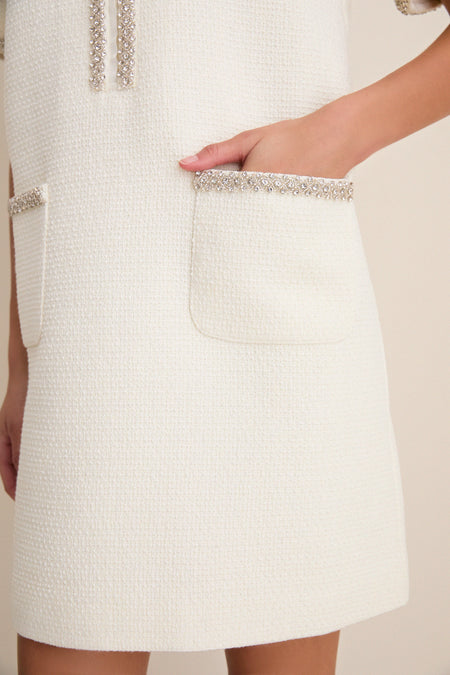 Pearl White Tweed Embellished Ophelia Dress