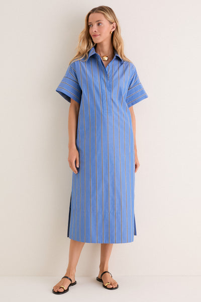 black blue striped dress Pomander Place Indigo Stripe Reina Blue Indigo Stripe / S Norman and made in Size:US 16Plus / UK 20 / EU 46 Party Animal Birthday Dress Q4_2024