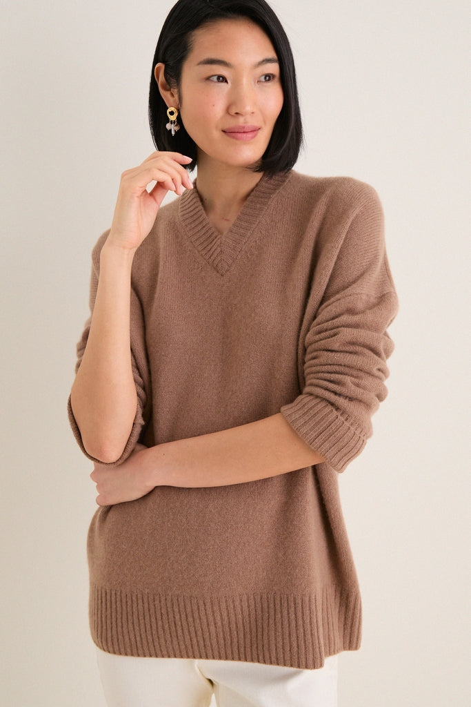 Mocha Cashmere Cassie V-Neck Sweater
