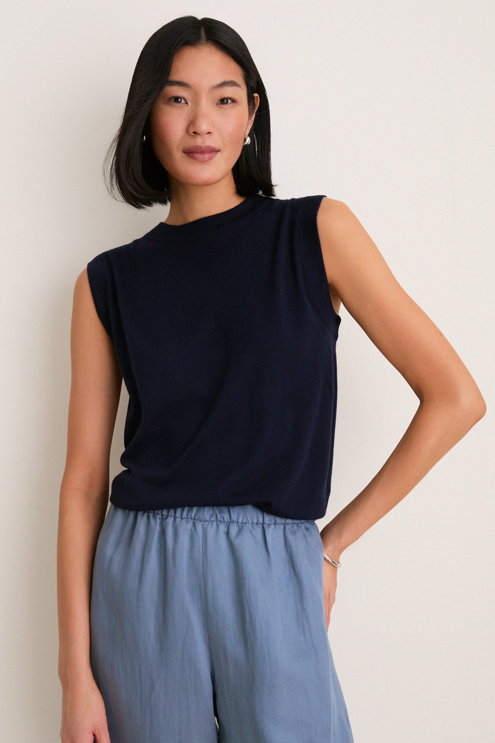 Navy Cashmere Silk Sleeveless Ava Shell