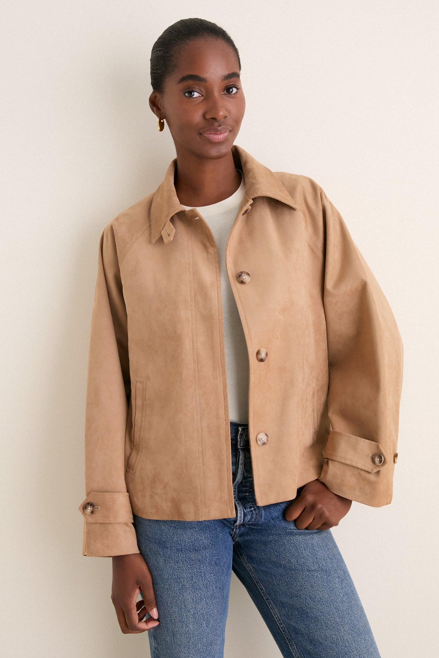 Camel Suede Drew Short Trench Coat