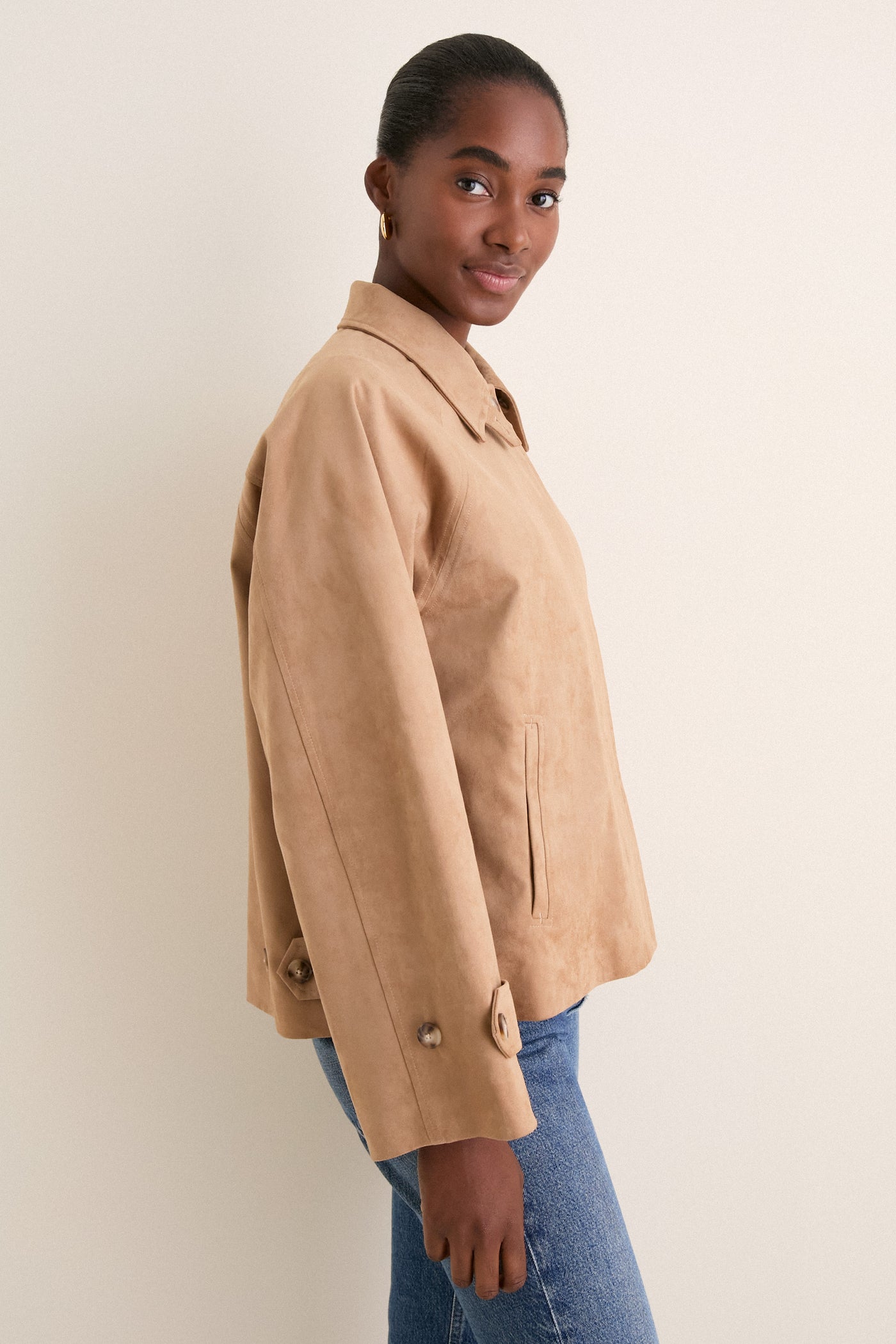Camel Suede Drew Short Trench Coat