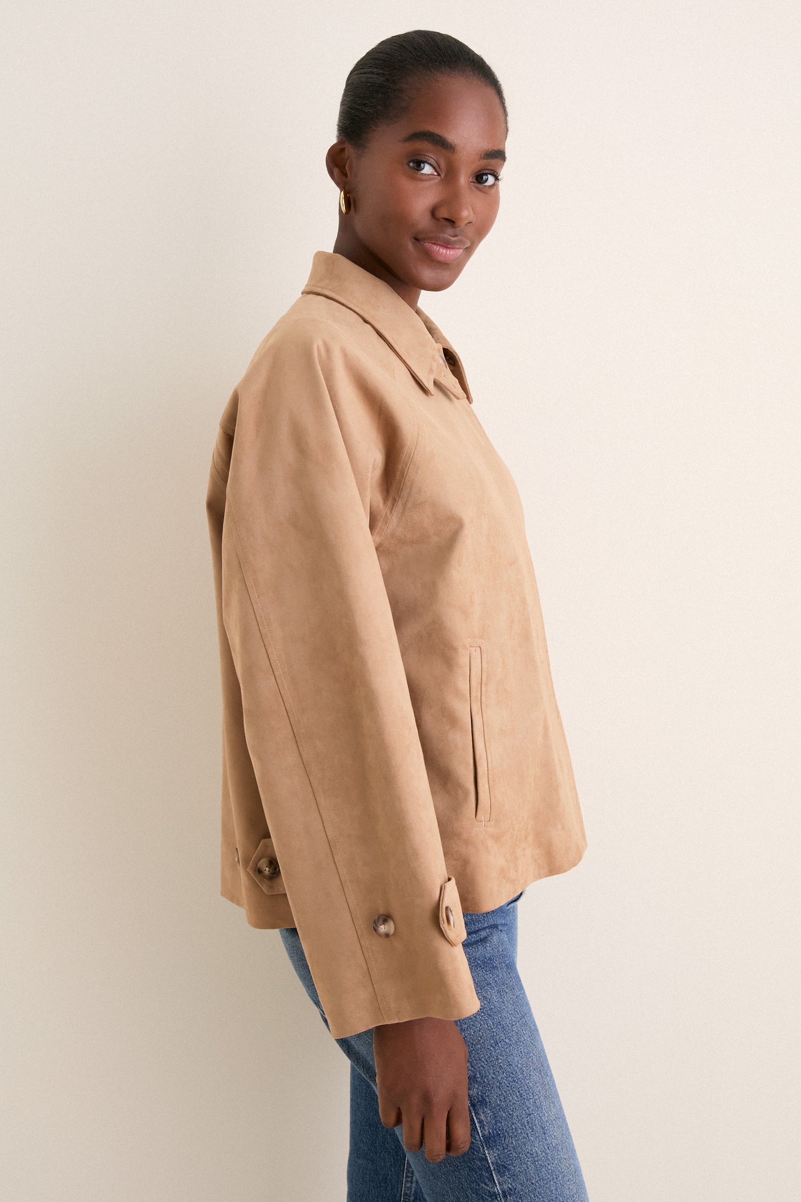 Camel Suede Drew Short Trench Coat