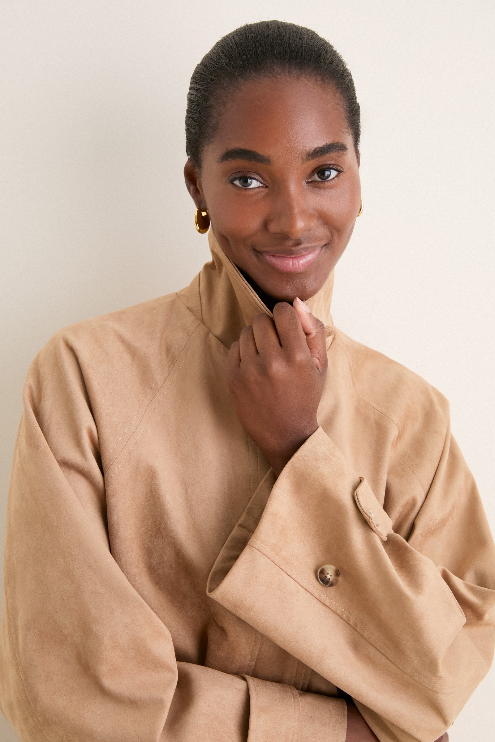 Camel Suede Drew Short Trench Coat