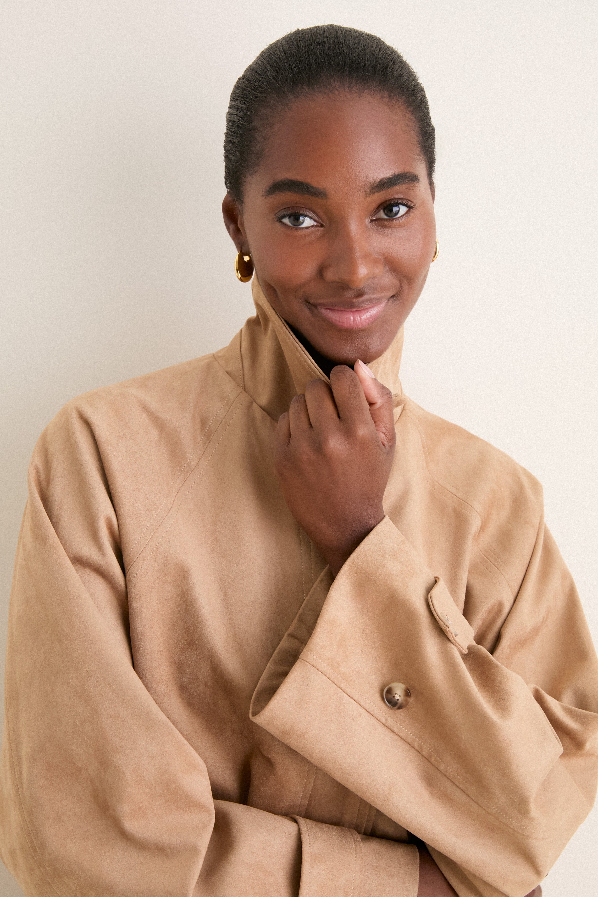 Camel Suede Drew Short Trench Coat
