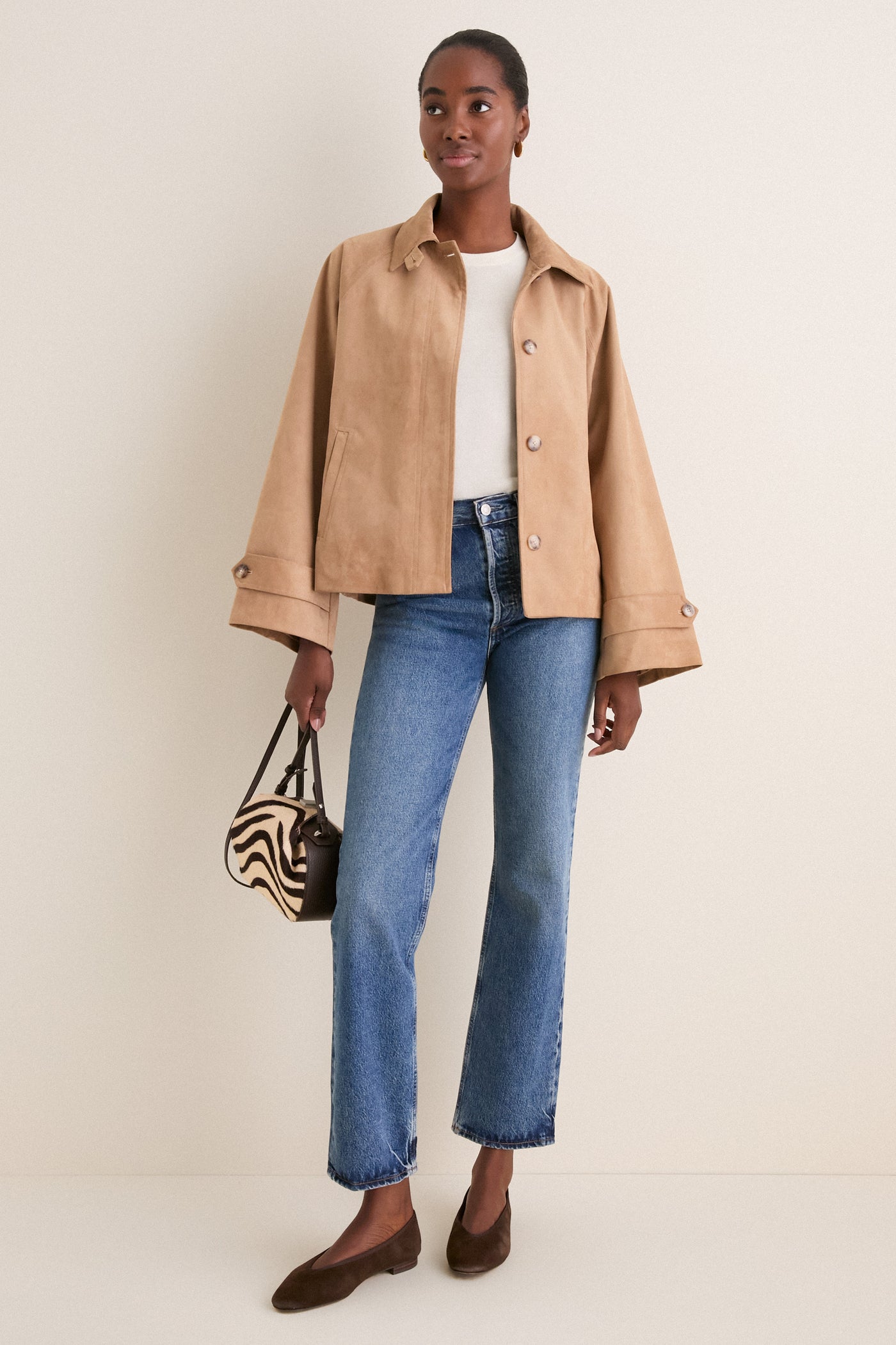 Camel Suede Drew Short Trench Coat