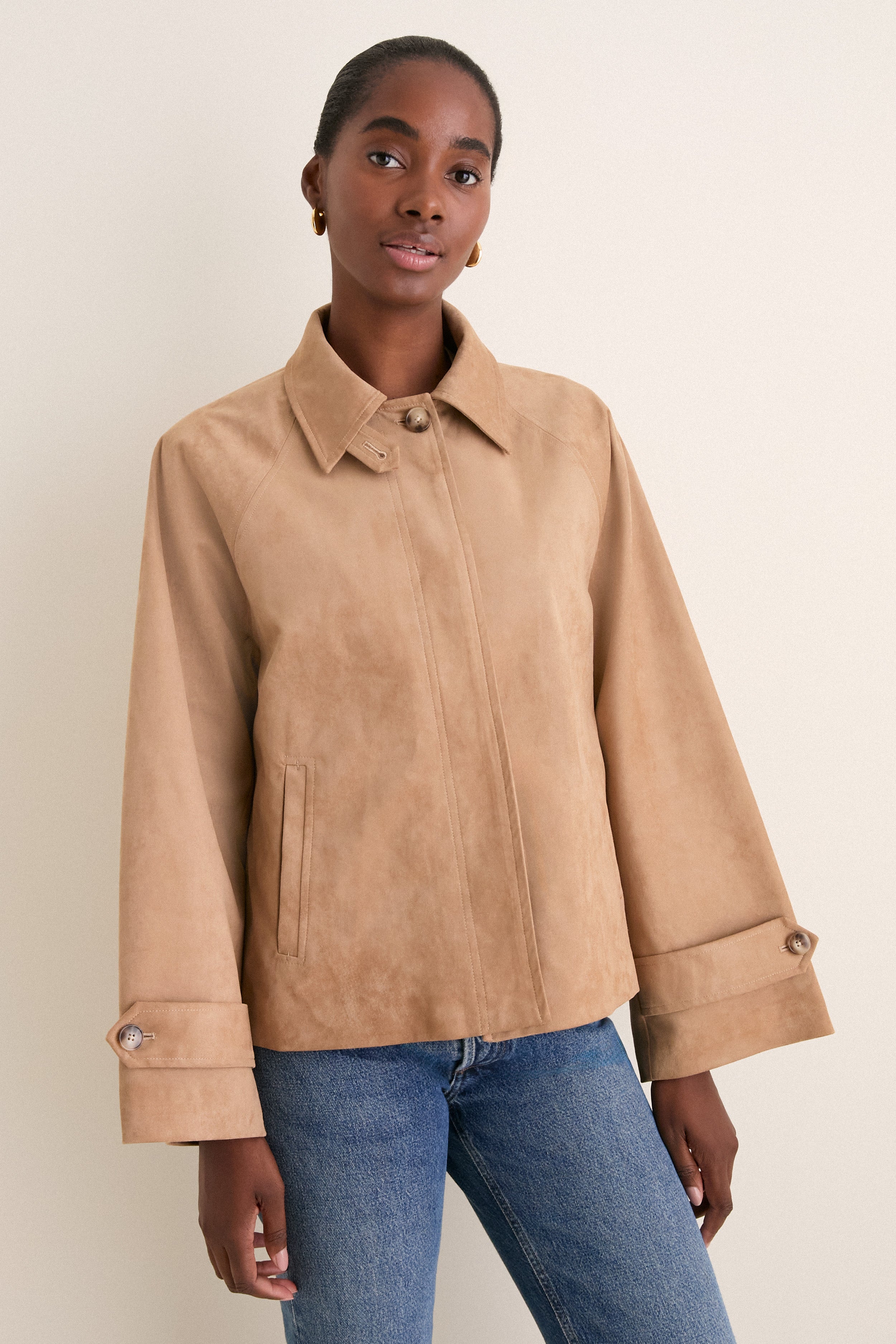 Camel Suede Drew Short Trench Coat