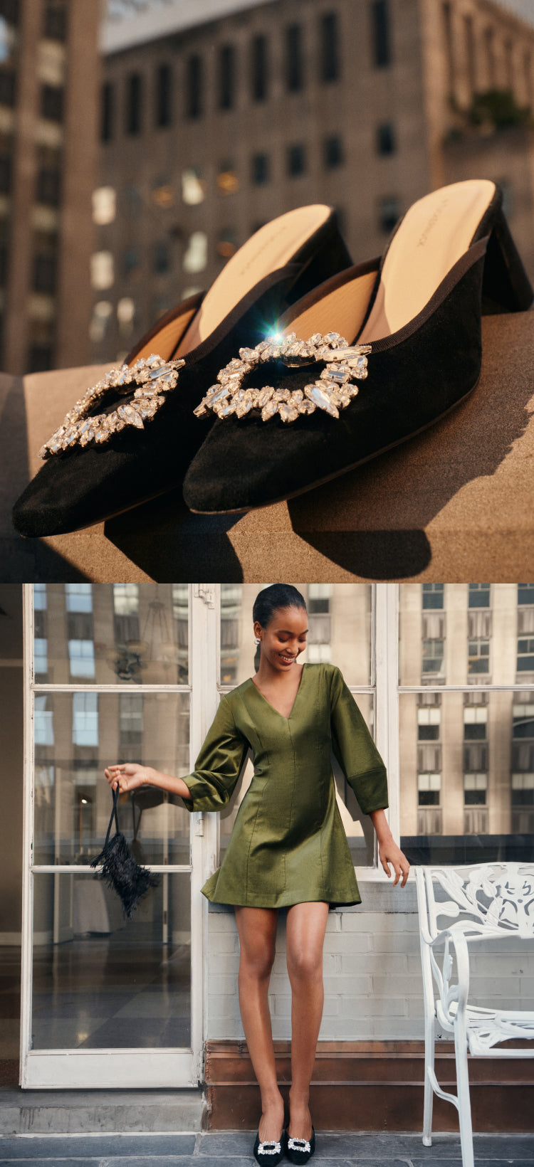 Two stacked images. On the top, an image featuring a pair of slip on velvet heels featuring a crystal shoe clip-ons. On the bottom, a woman wearing a green mini dress on the right, featuring a black purse and black slip on velvet heels. 