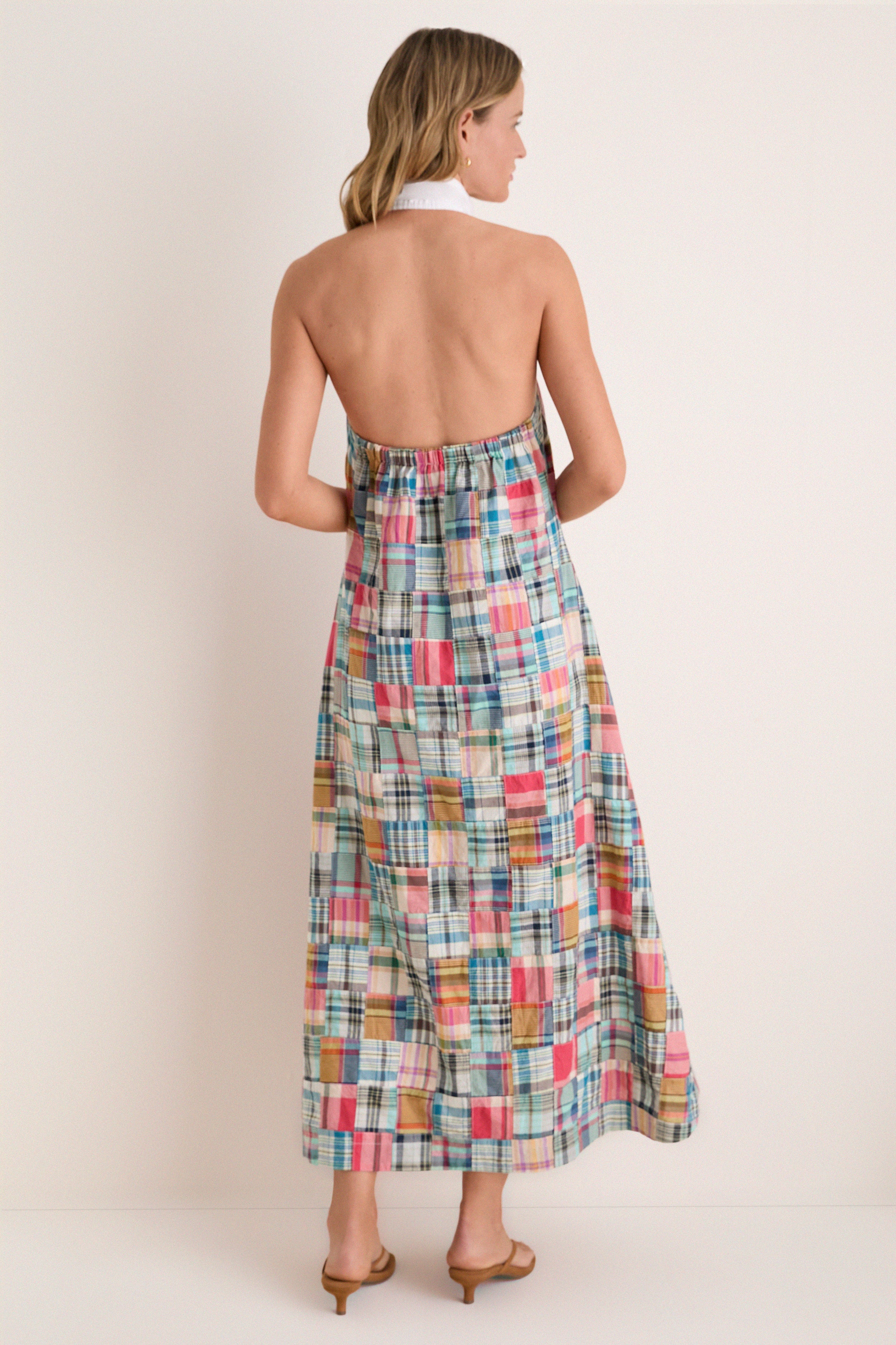 Colorful stitched madras patchwork dress
