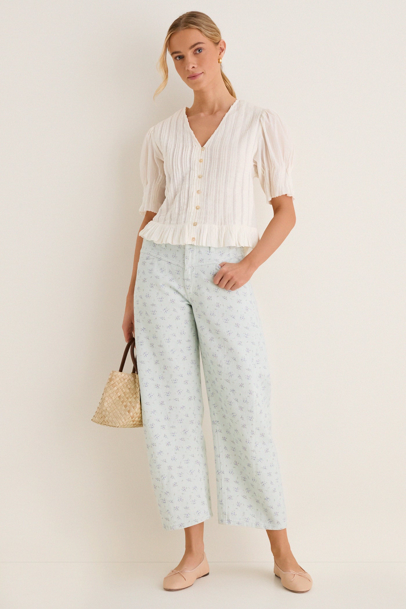 Minty Floral Mid Rise Selena Crop Jean