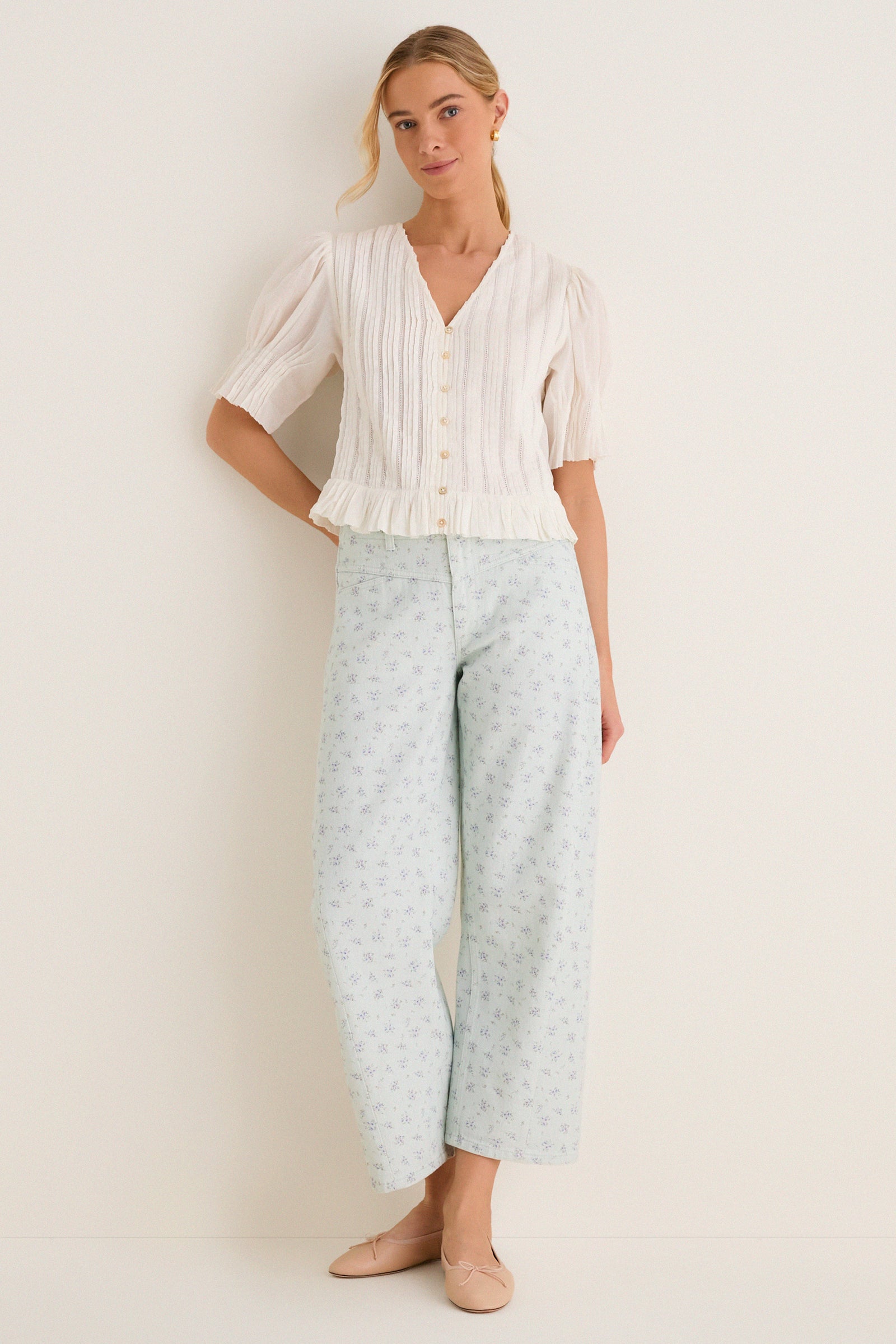 Minty Floral Mid Rise Selena Crop Jean