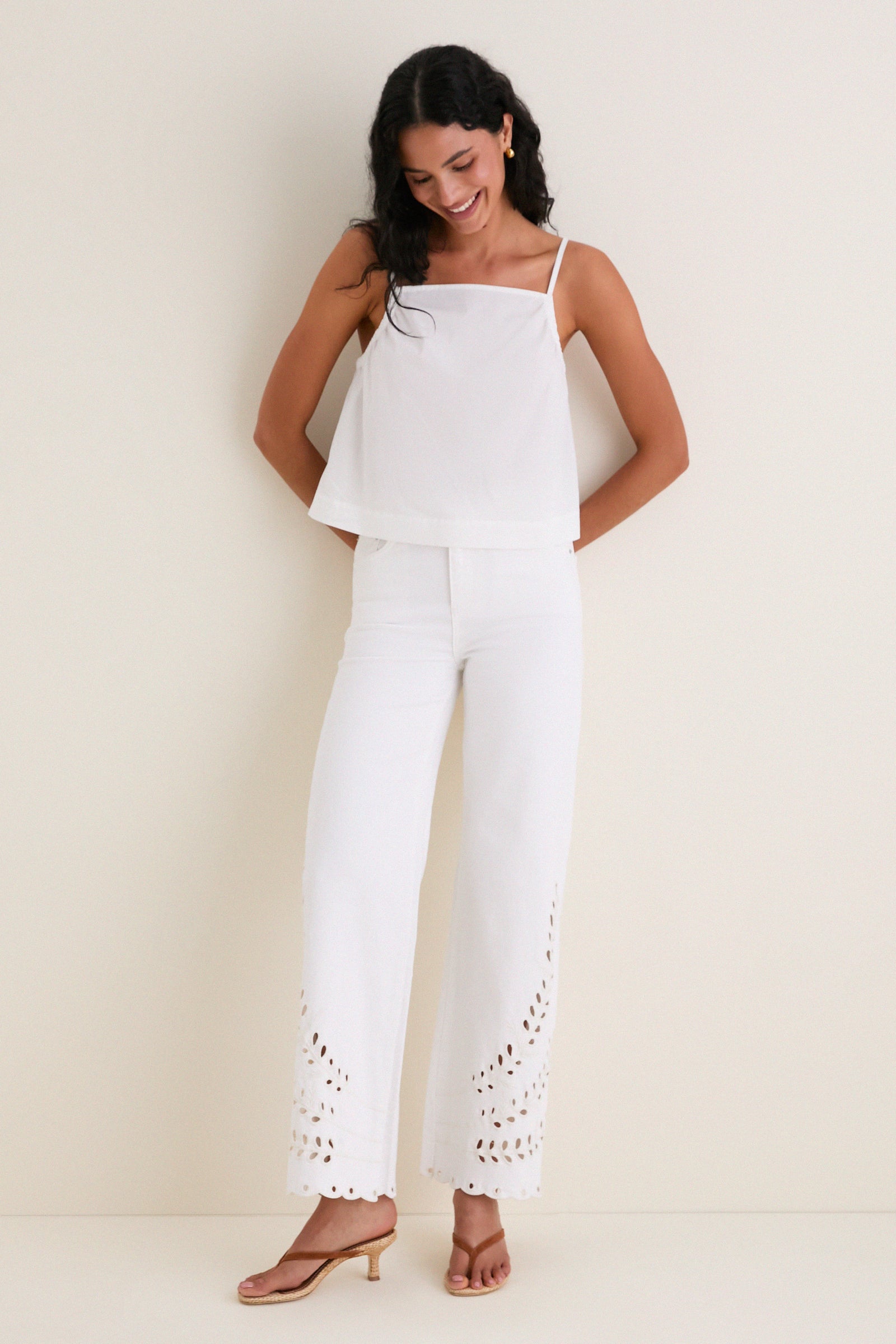 White Eyelet High Rise Column Jean