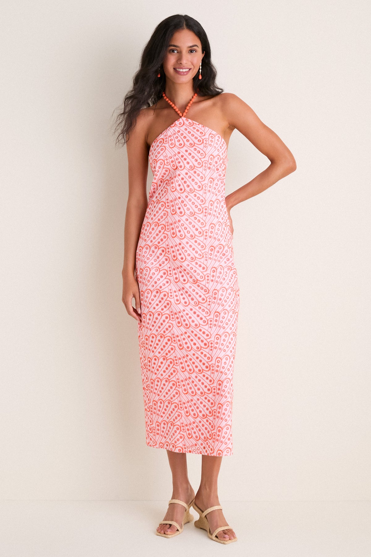 Light Pink & Orange Eyelet Hailey Halter Midi Dress