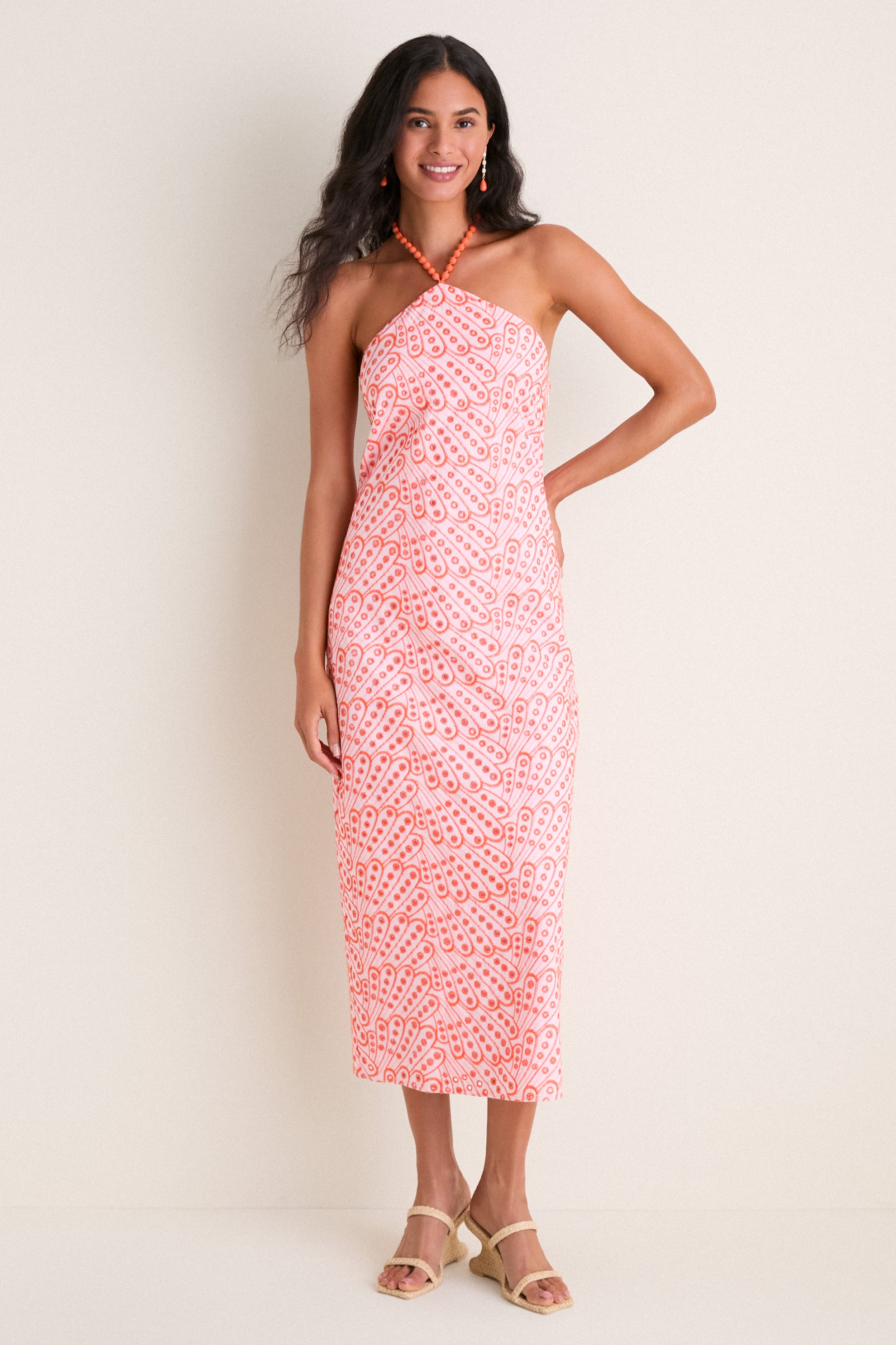 English Factory Light Pink & Orange Eyelet Hailey Halter Midi Dress Light Pink & Orange Eyelet / XS