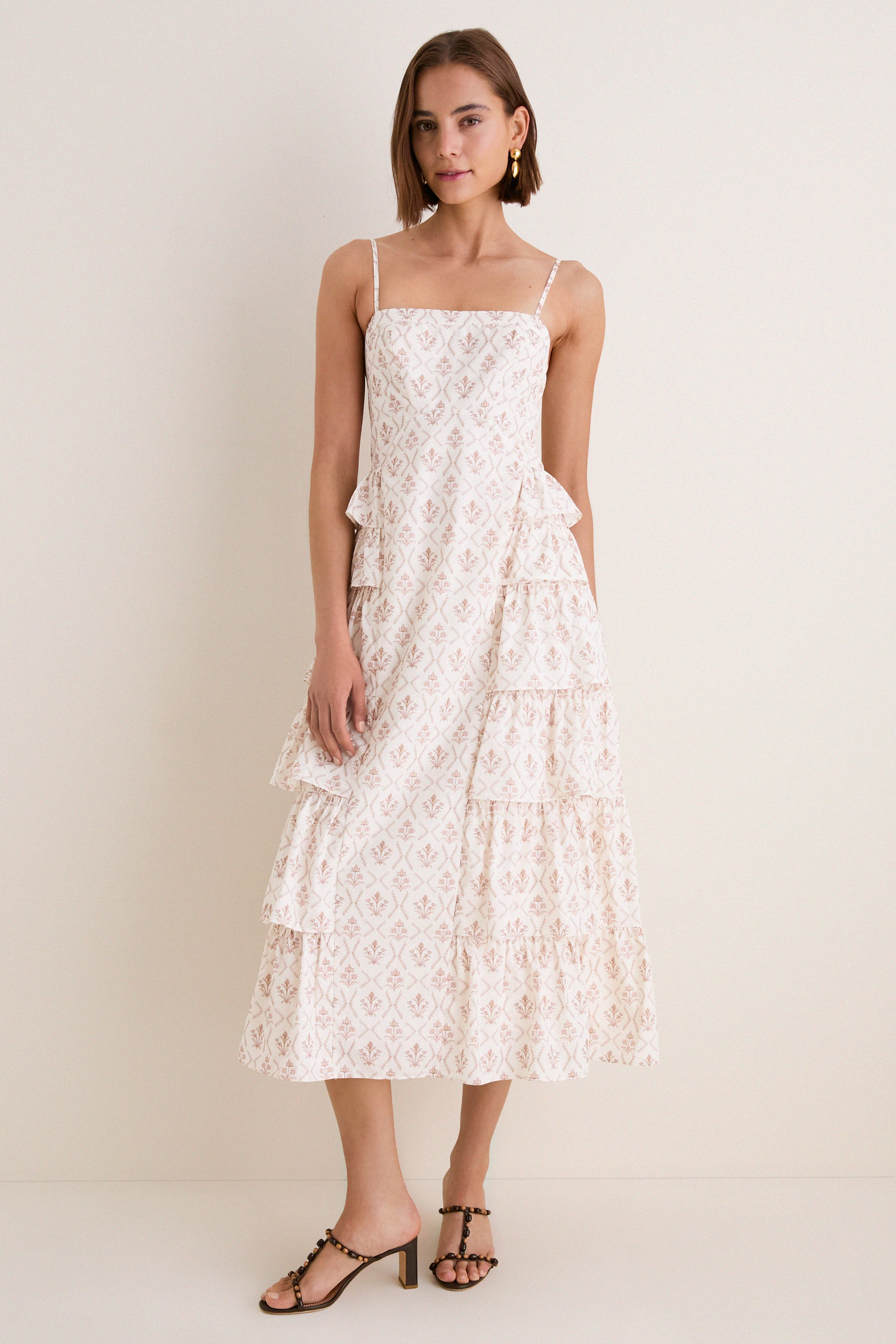 cream floral dress Hyacinth House Brown & Ruffle Theodora Maxi Brown & Cream Floral / XL Color:Denim Blue Windsor Coastal Cowgirl Sia at the Daily Great for a day