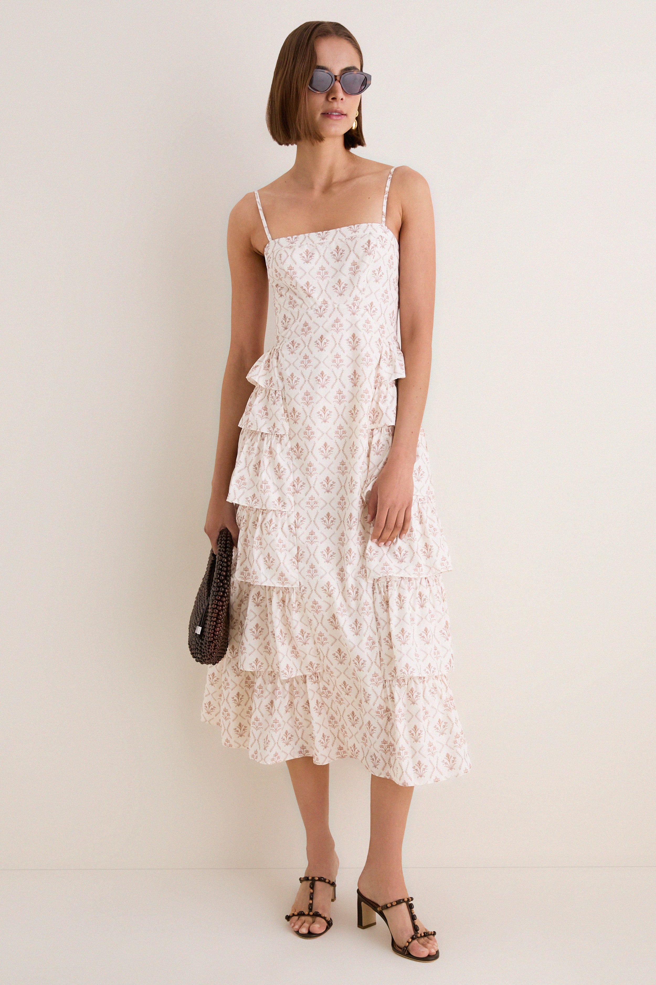 Brown & Cream Floral Ruffle Theodora Maxi Dress