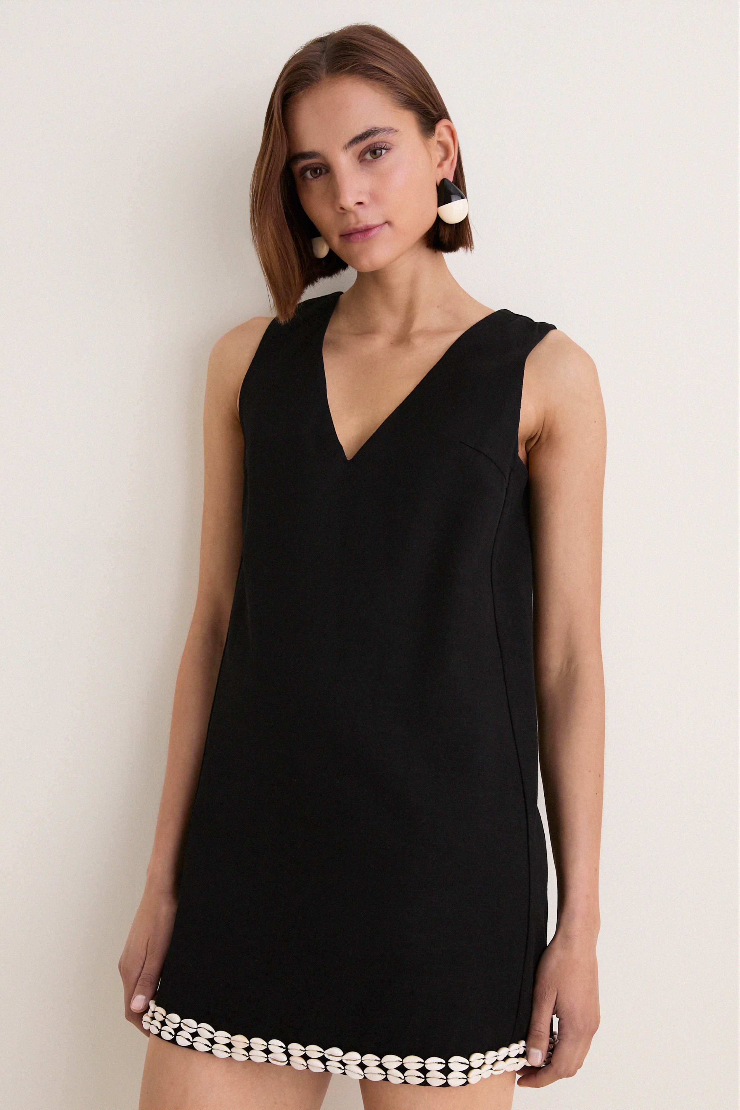 Black & Puka Shell Trim Solene Mini Dress