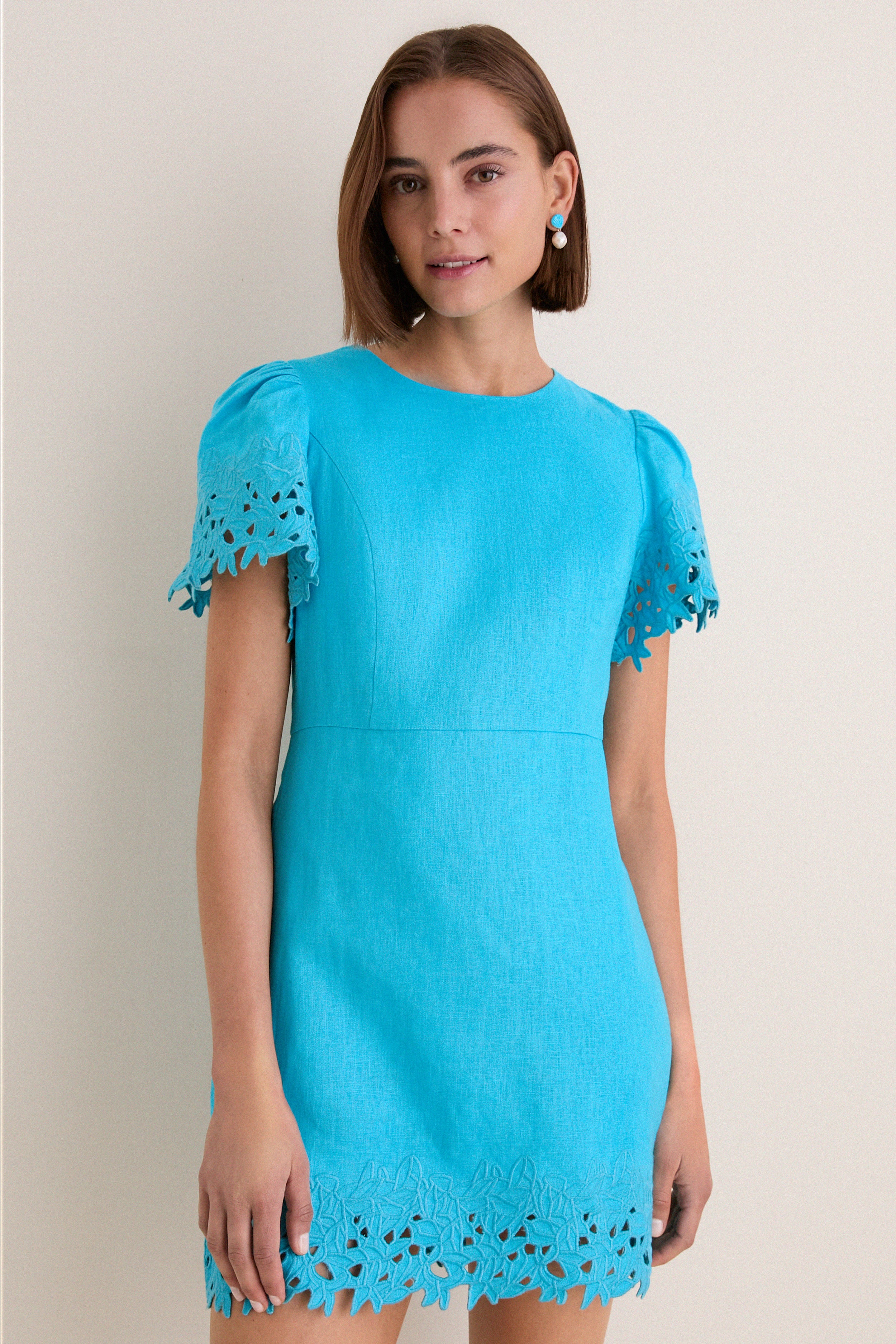 Hyacinth House Aqua Linen Embroidered Ruthie Mini Dress Aqua Linen / XXL