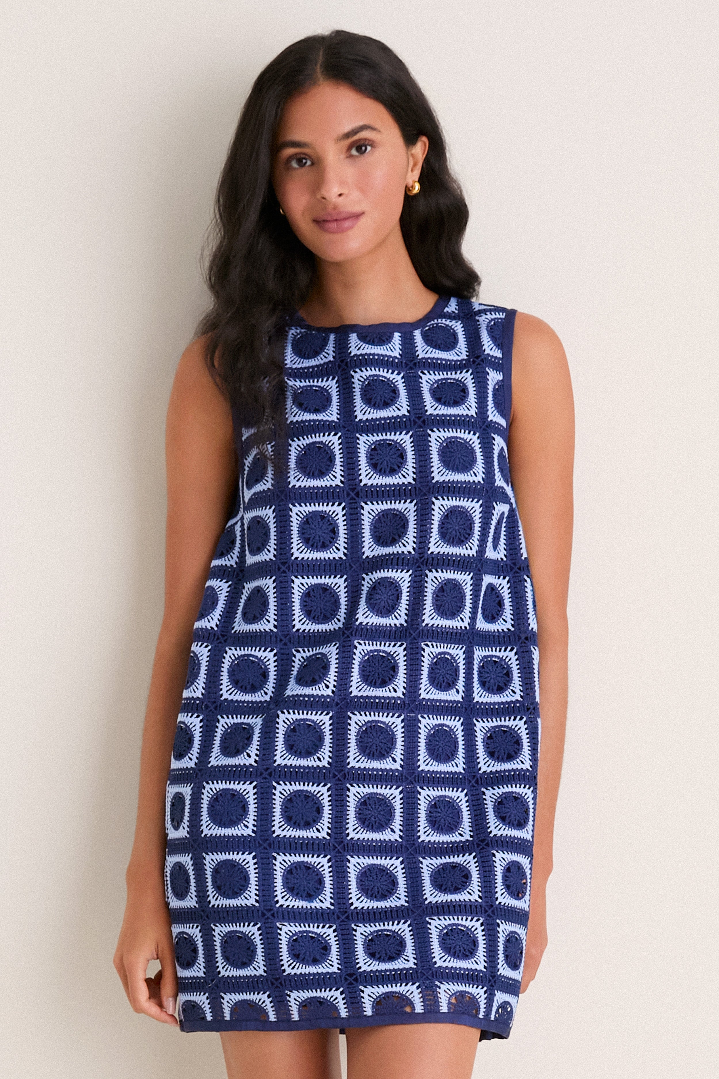 Navy & Sky Blue Crochet Calabash Mini Dress | Hyacinth House