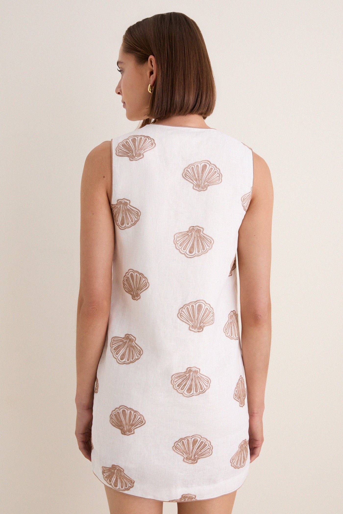 White & Tan Embroidered Seashell Manteo Mini Dress
