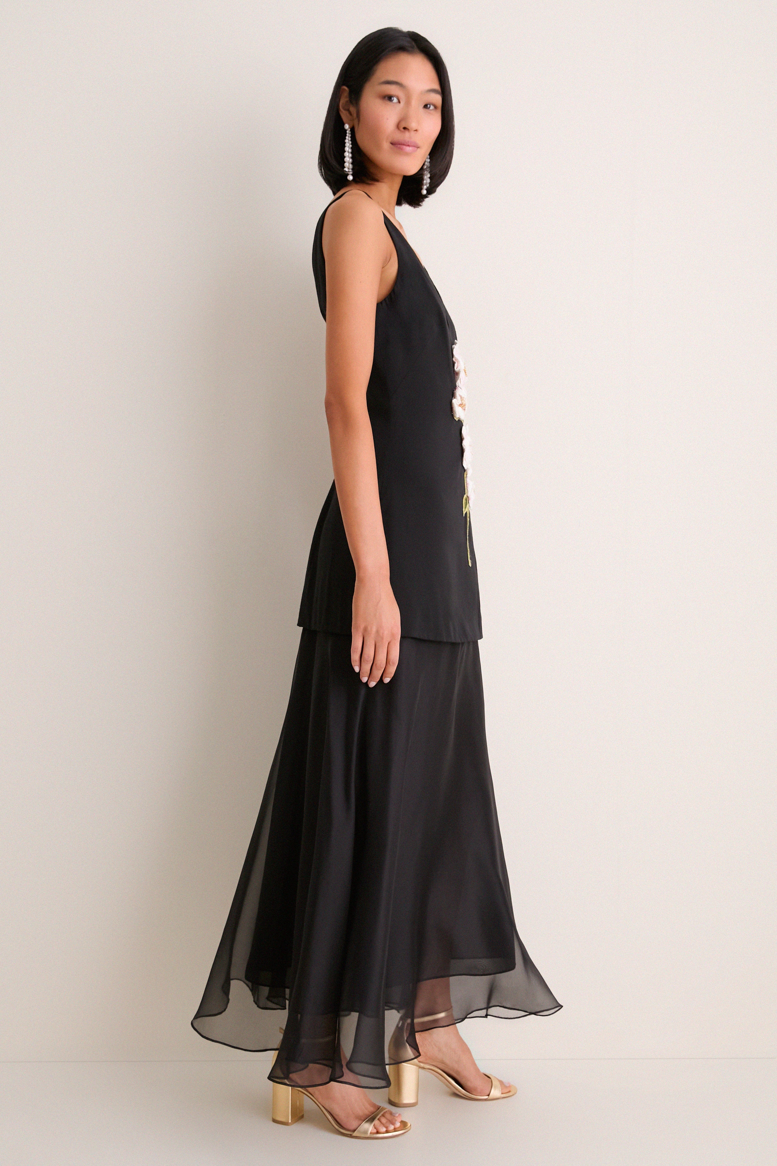 Black and Pink Peony Embroidered V Neck Dress