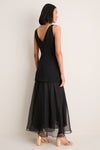 Black and Pink Peony Embroidered V Neck Dress