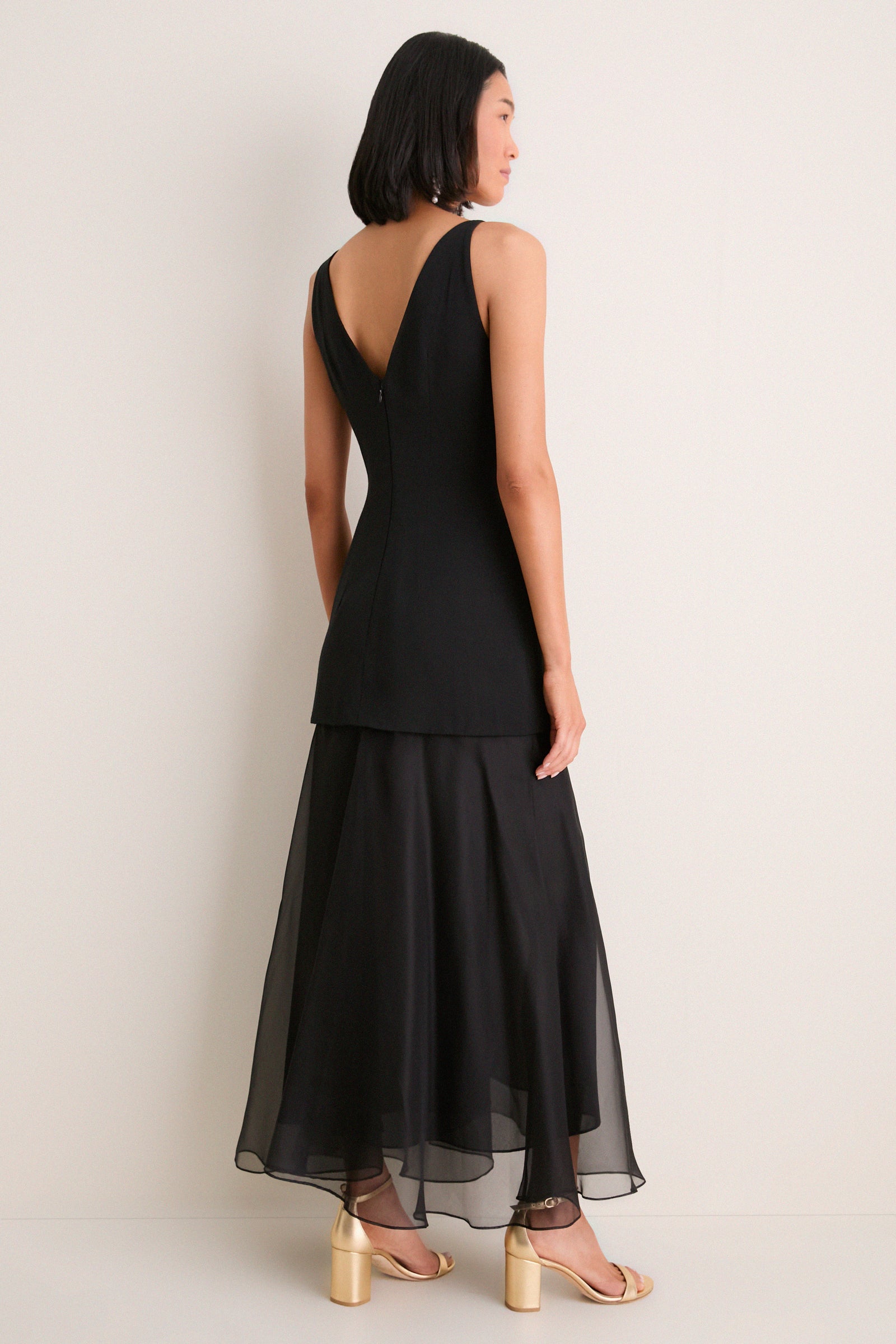 Black and Pink Peony Embroidered V Neck Dress