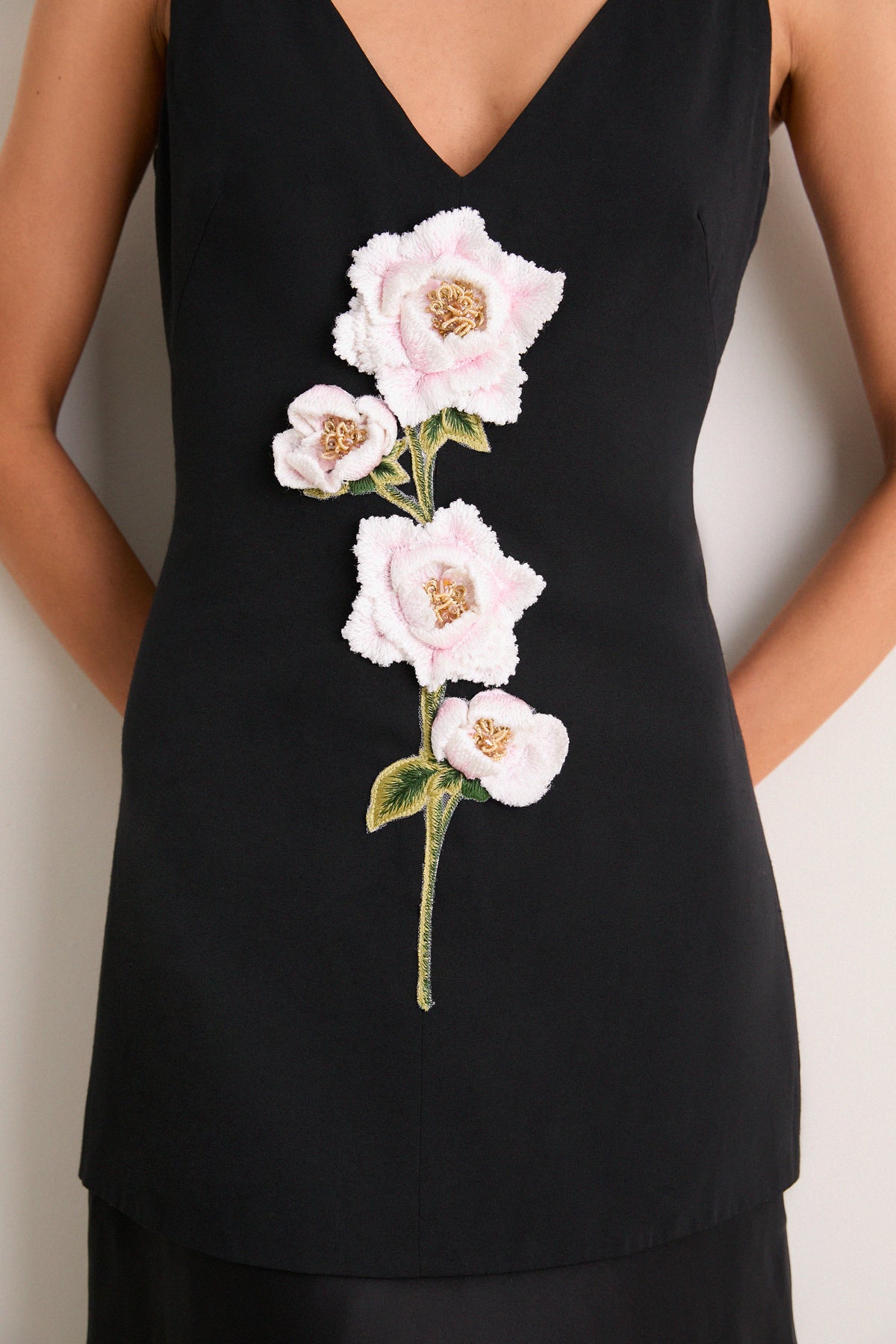 Black and Pink Peony Embroidered V Neck Dress