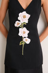 Black and Pink Peony Embroidered V Neck Dress