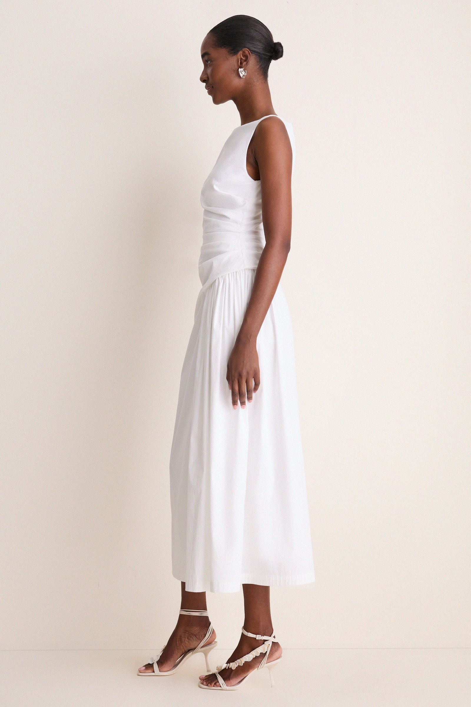 White Cotton Poplin Asymmetrical Flounce Dress