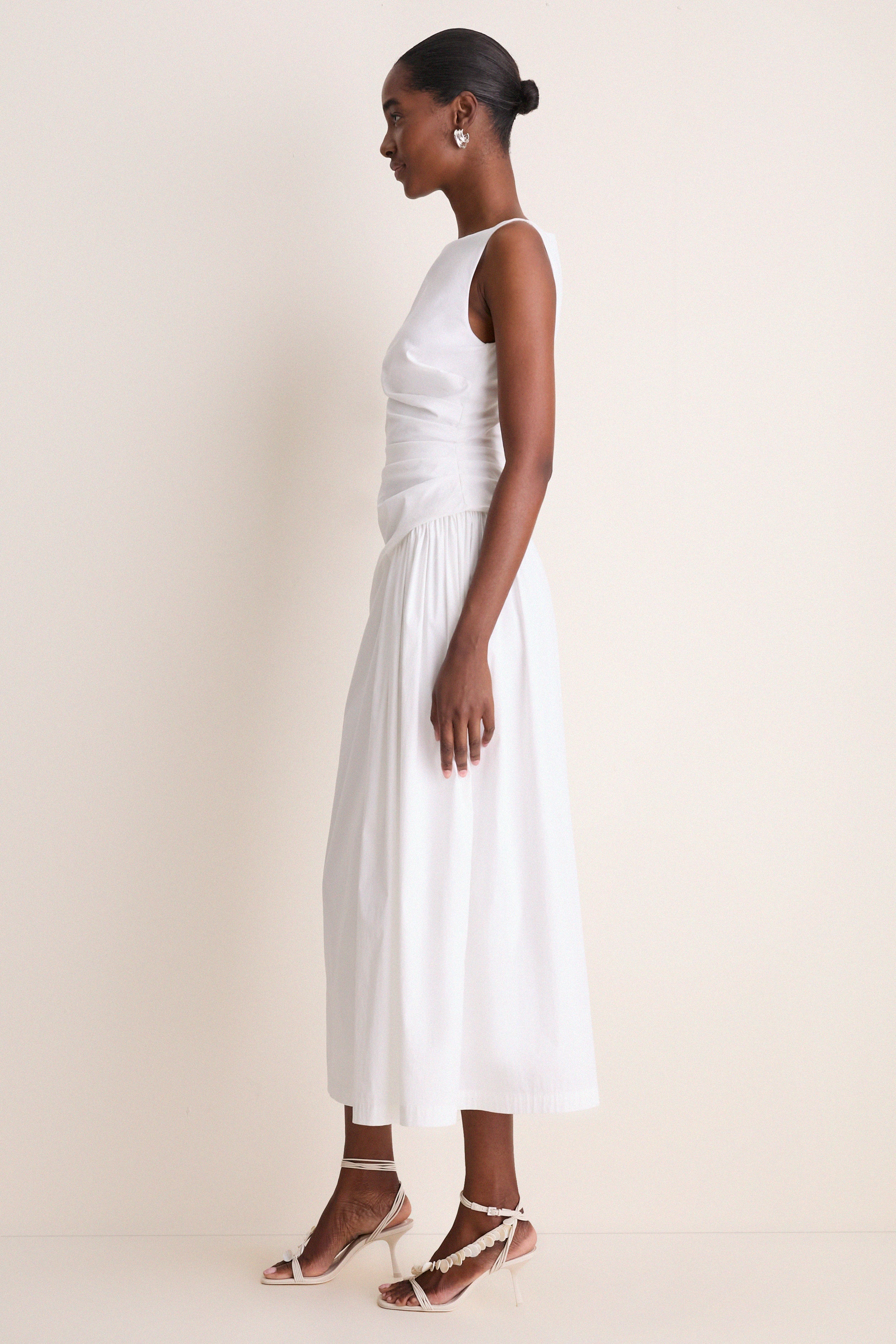 White Cotton Poplin Asymmetrical Flounce Dress