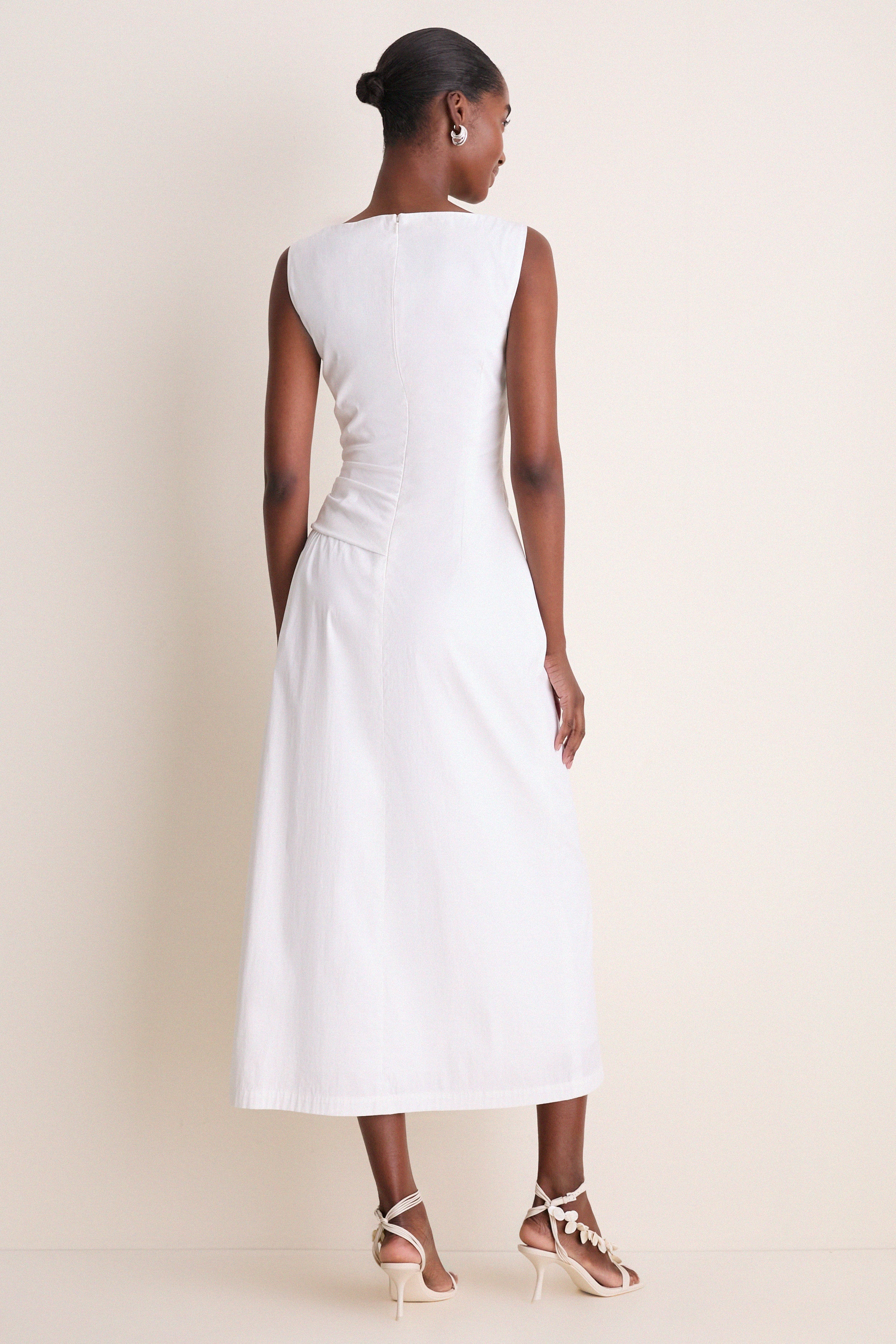 White Cotton Poplin Asymmetrical Flounce Dress