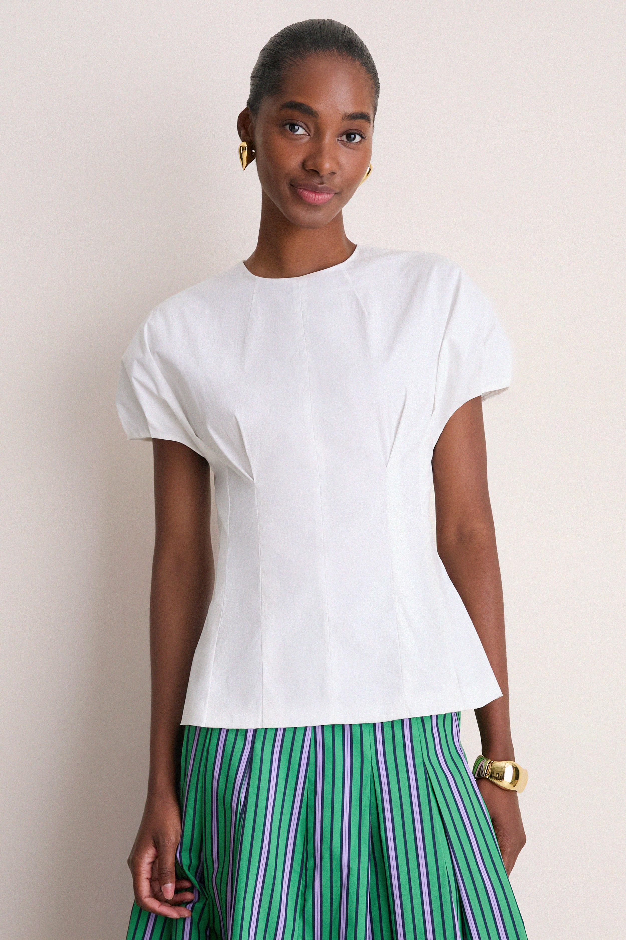 White Cotton Poplin Bubble Sleeve Top