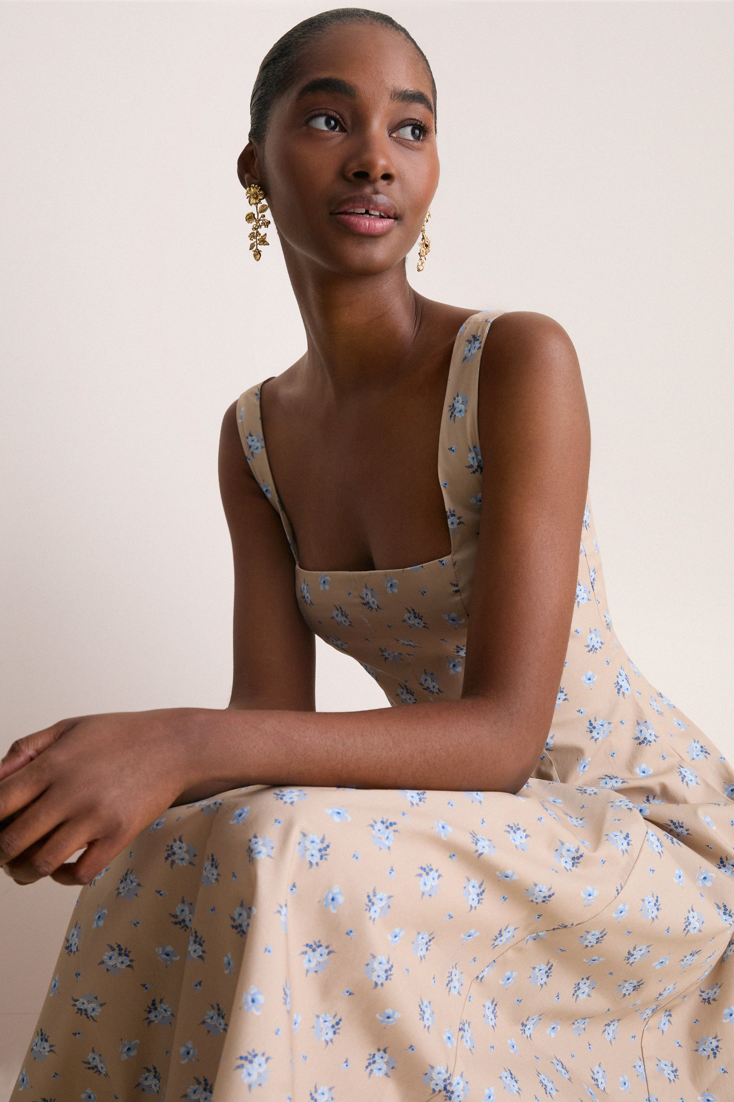 Sand and Oxford Floral Printed Cotton Caitlin Dress