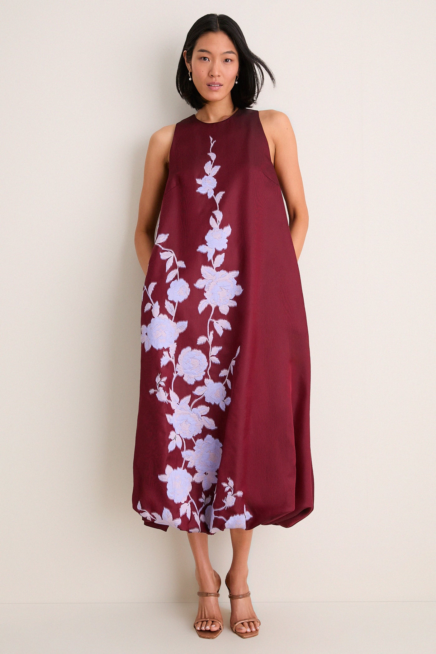 Oxblood and Lavendar Rose Fil Coupe Bubble Hem Dress