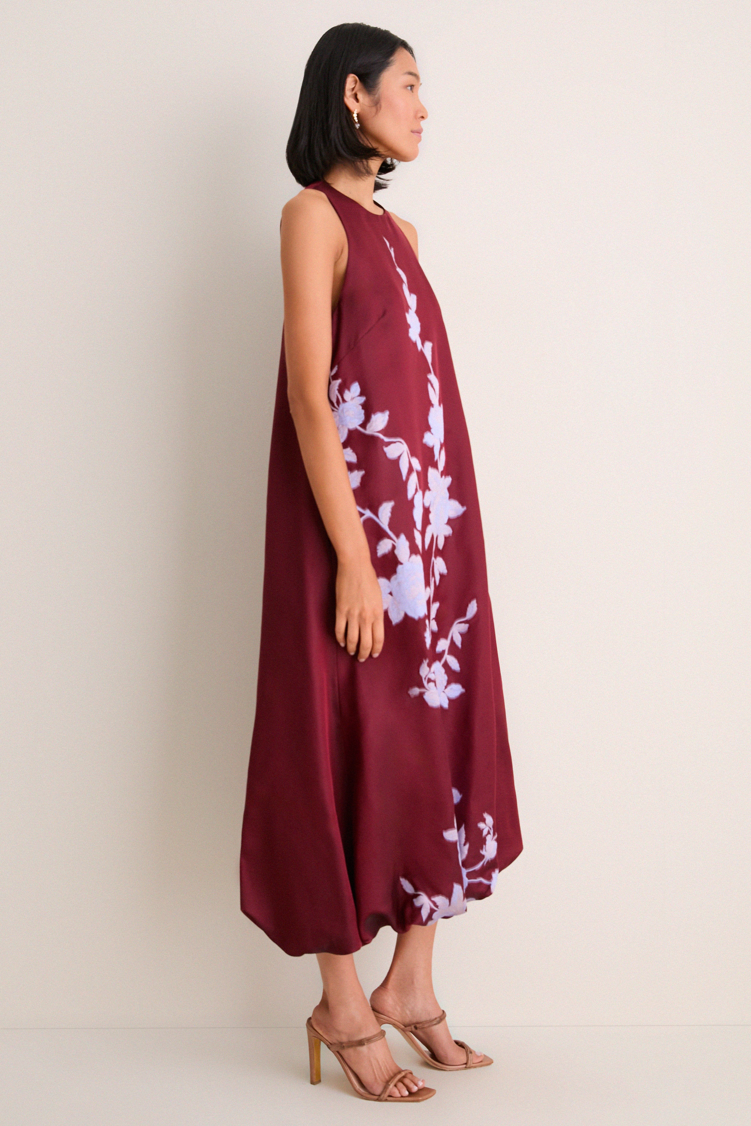 Oxblood and Lavendar Rose Fil Coupe Bubble Hem Dress