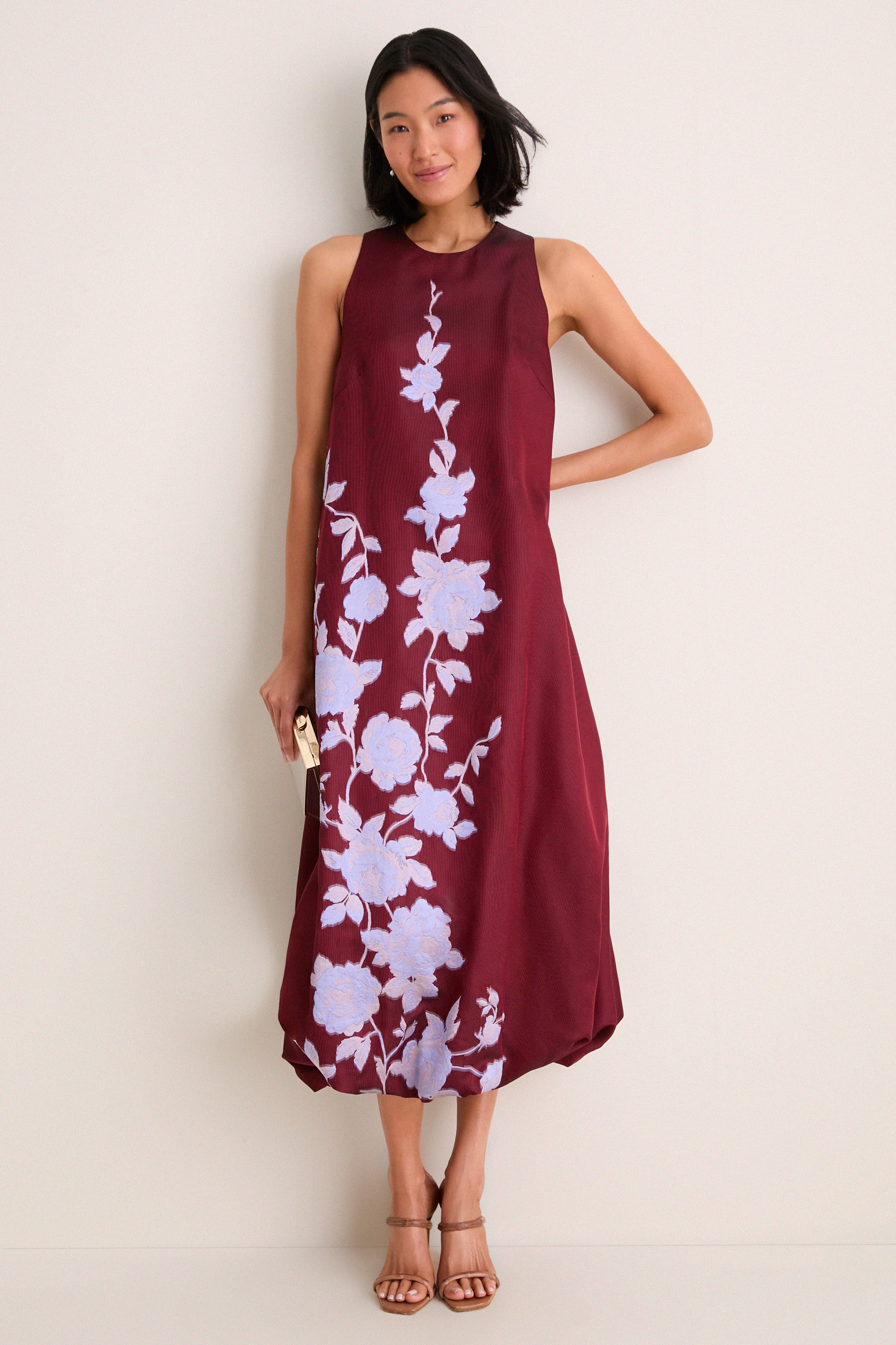 Oxblood and Lavendar Rose Fil Coupe Bubble Hem Dress