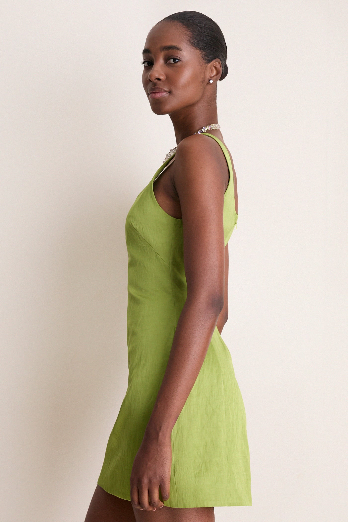 faye ruched one shoulder dress in green Lucy in the Sky Faye Ruched One Shoulder Dress in