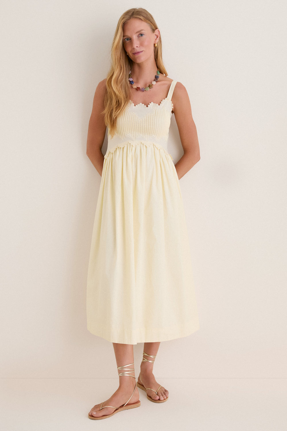 Butter Yellow Embroidered Cotton Midi Dress