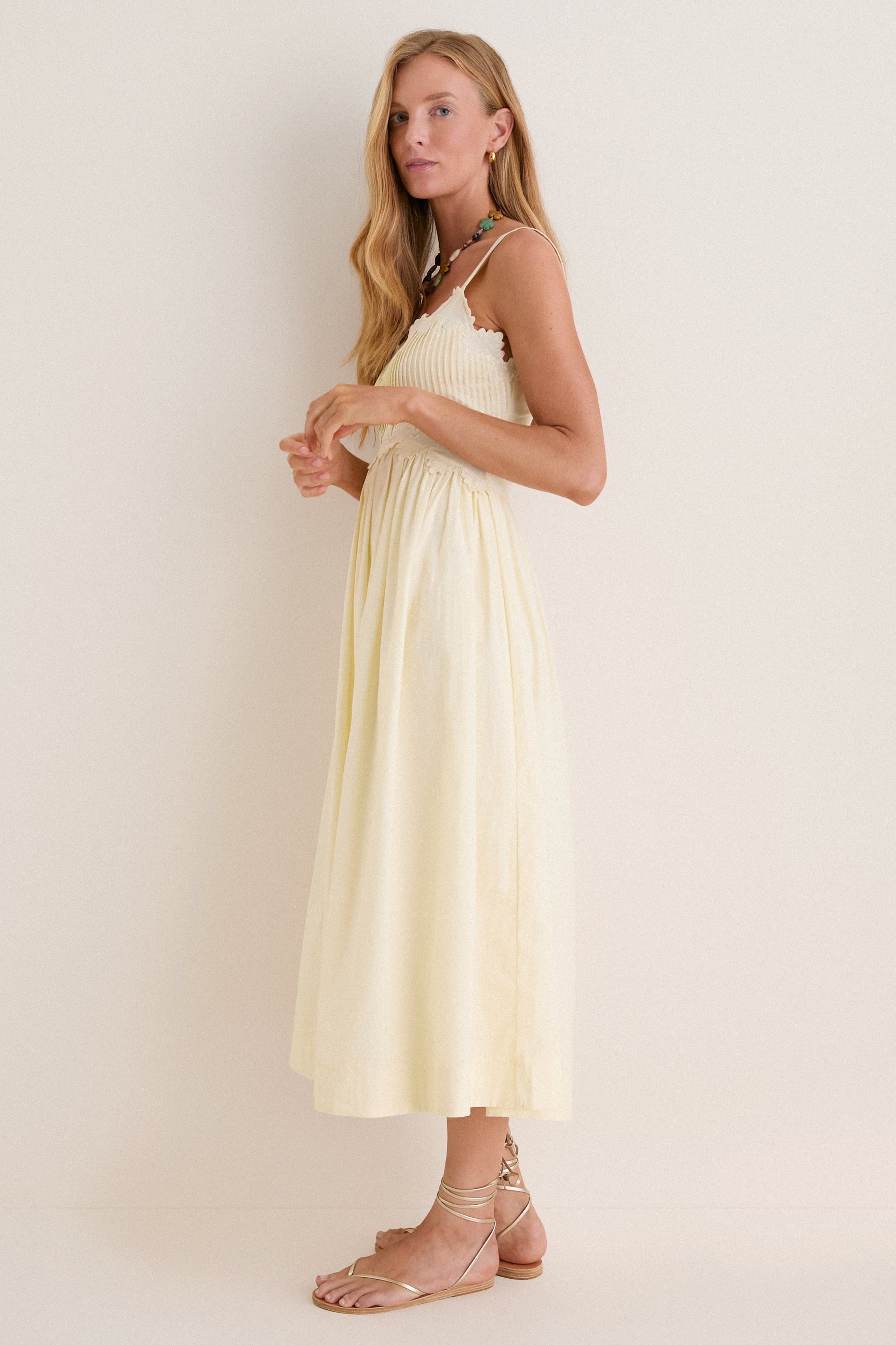 Butter Yellow Embroidered Cotton Midi Dress