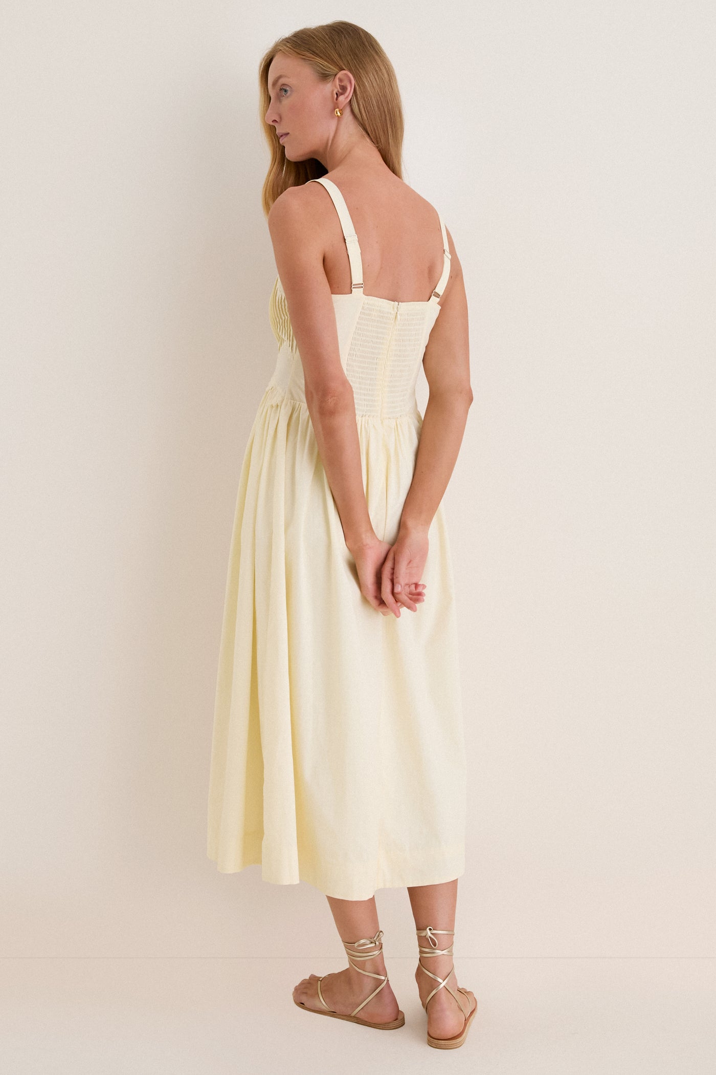Butter Yellow Embroidered Cotton Midi Dress