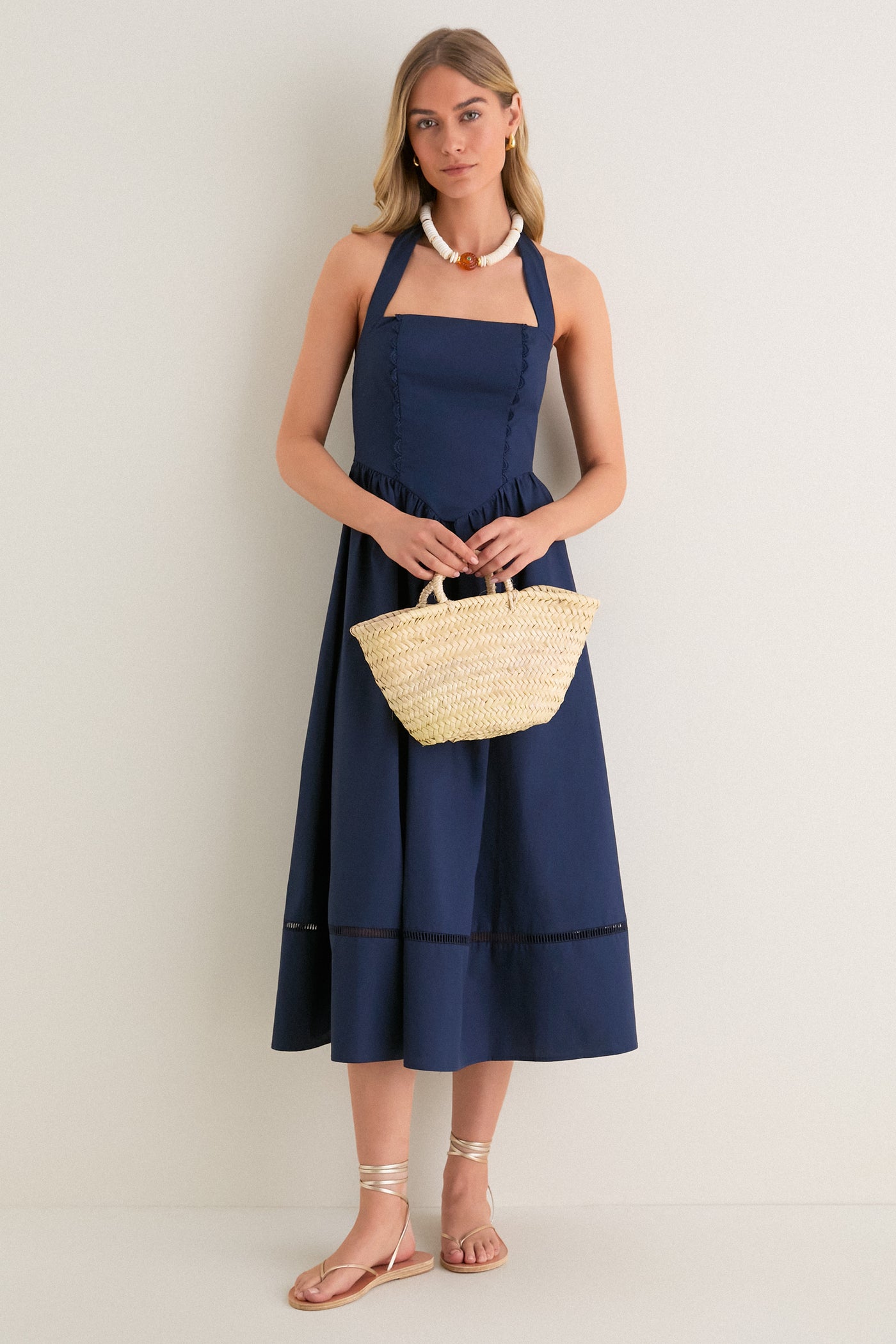 Navy Square Neck Halter Midi Dress